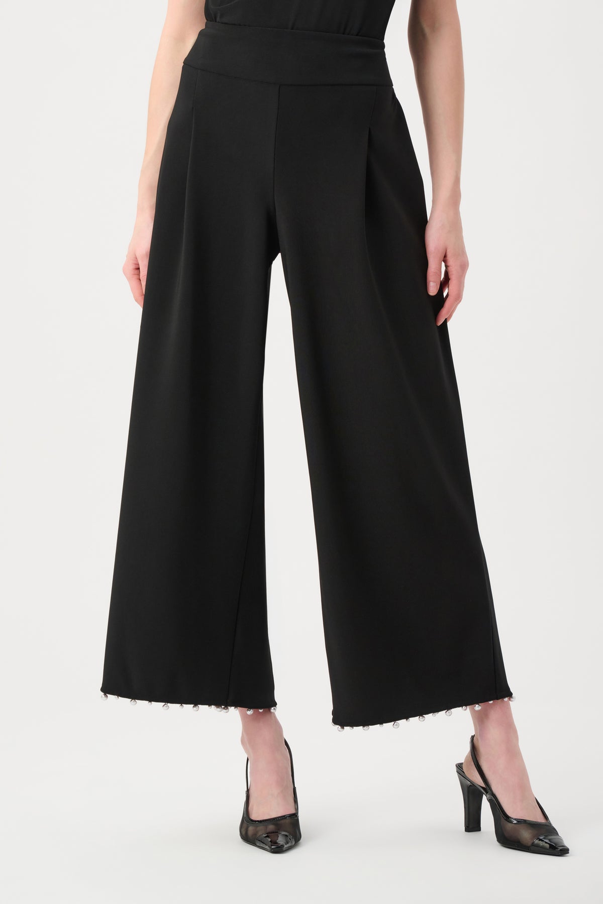 Joseph Ribkoff Black Silky Knit Pearl-Trim Culotte Pants