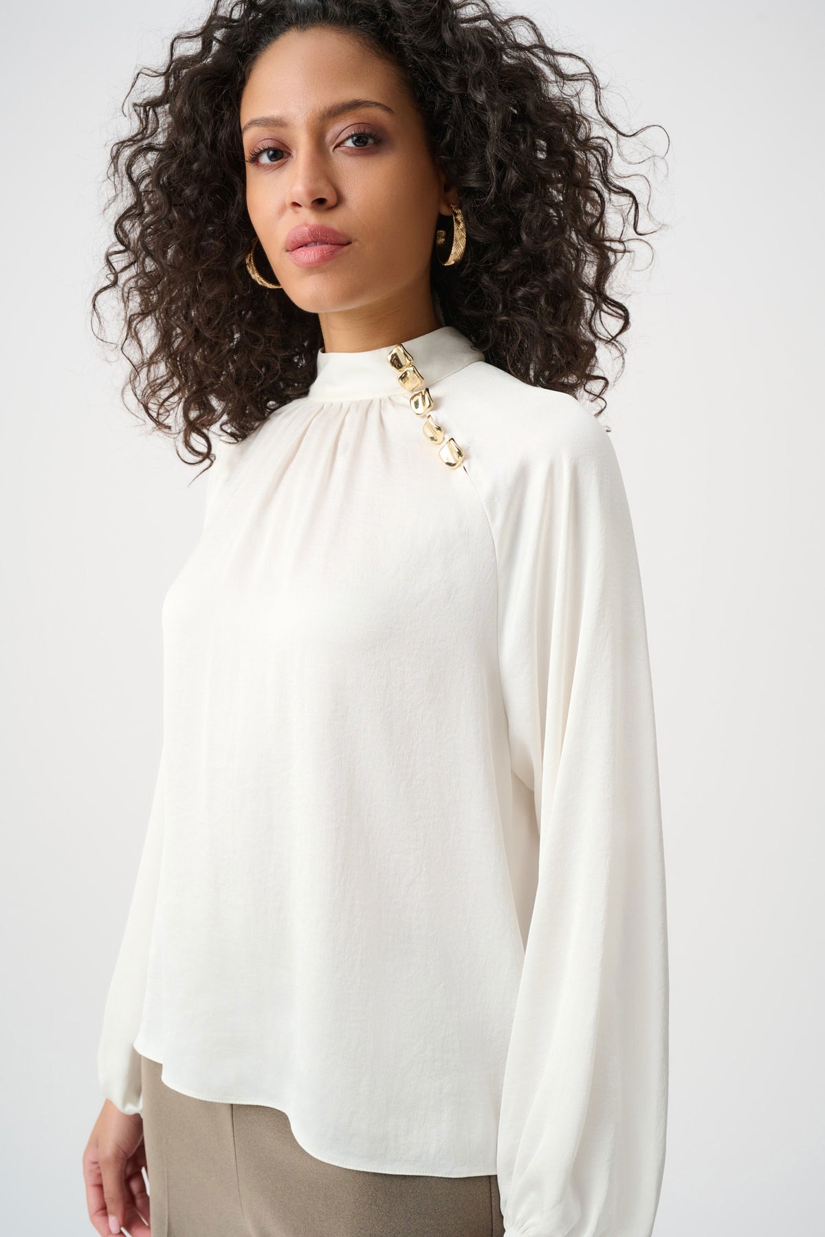 Joseph Ribkoff Winter White Recycled Satin Stand-Collar Top