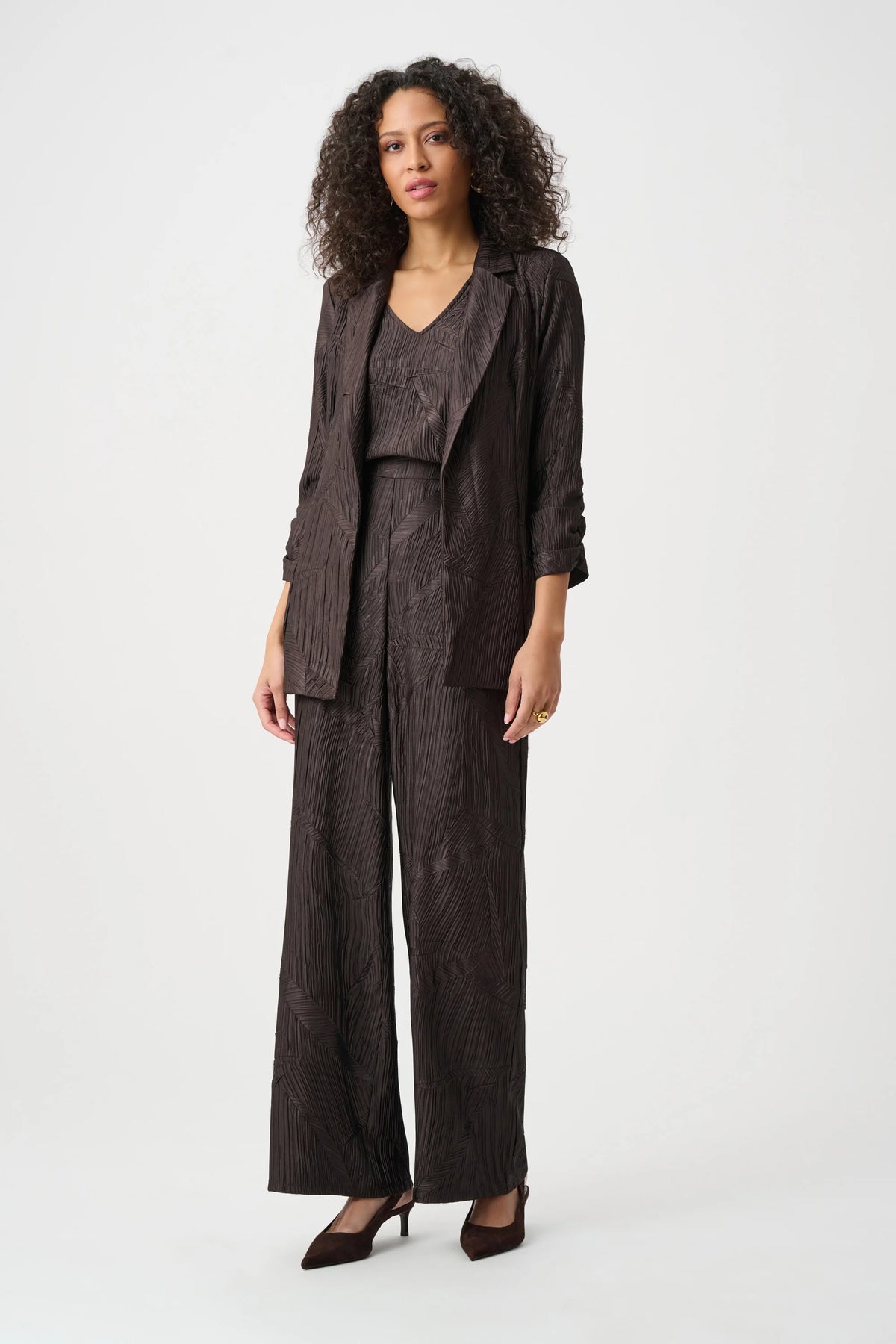 Joseph Ribkoff Mocha Pleated Satin Open Blazer