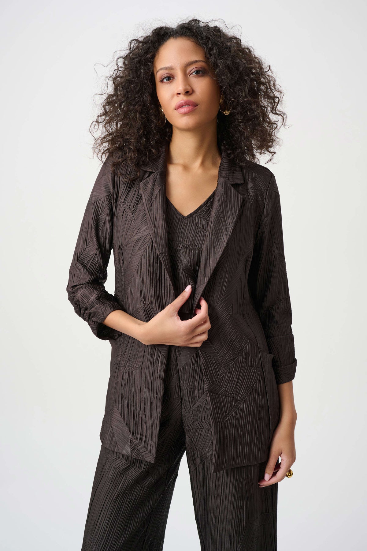 Joseph Ribkoff Mocha Pleated Satin Open Blazer