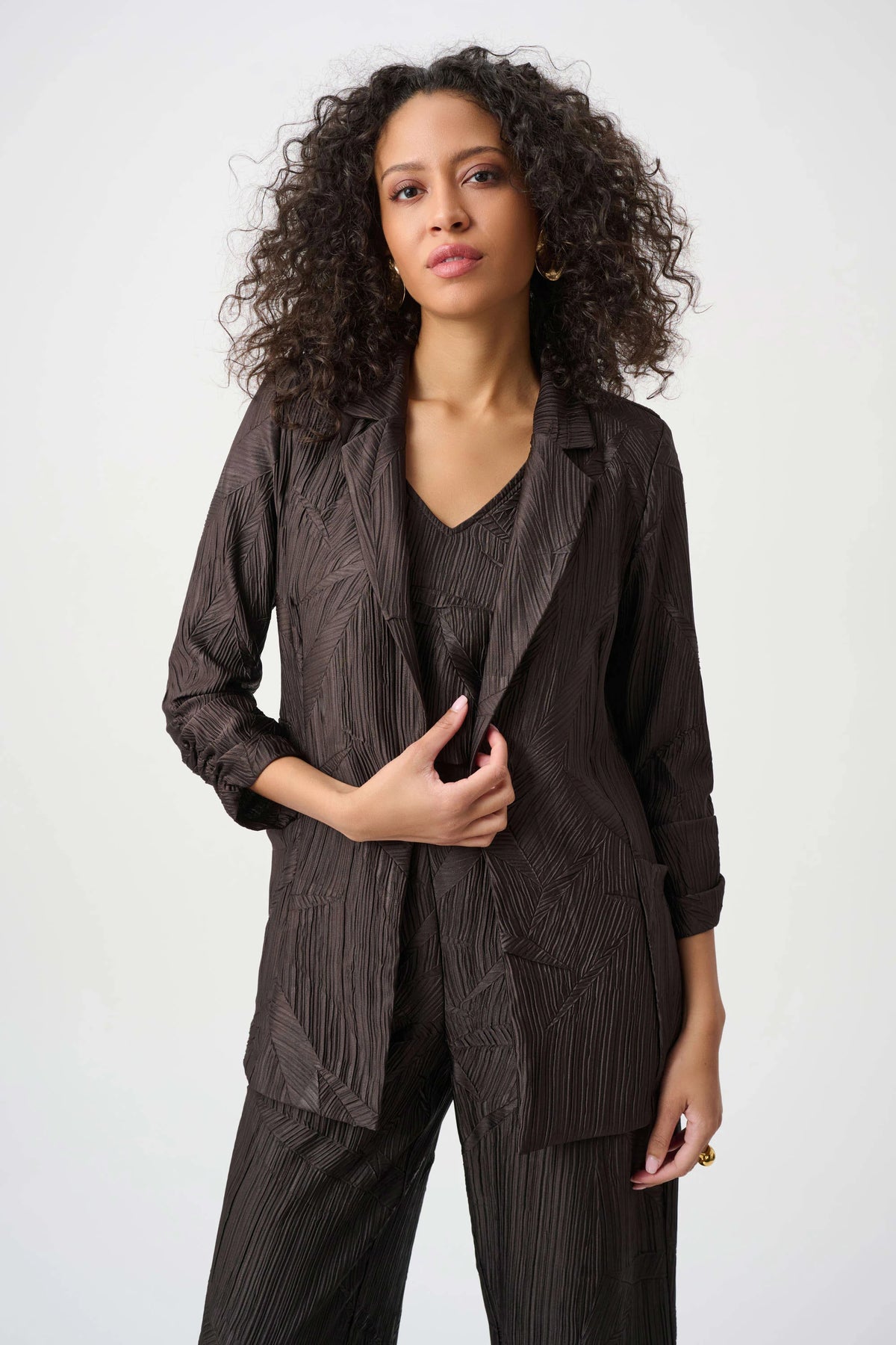Joseph Ribkoff Mocha Pleated Satin Open Blazer