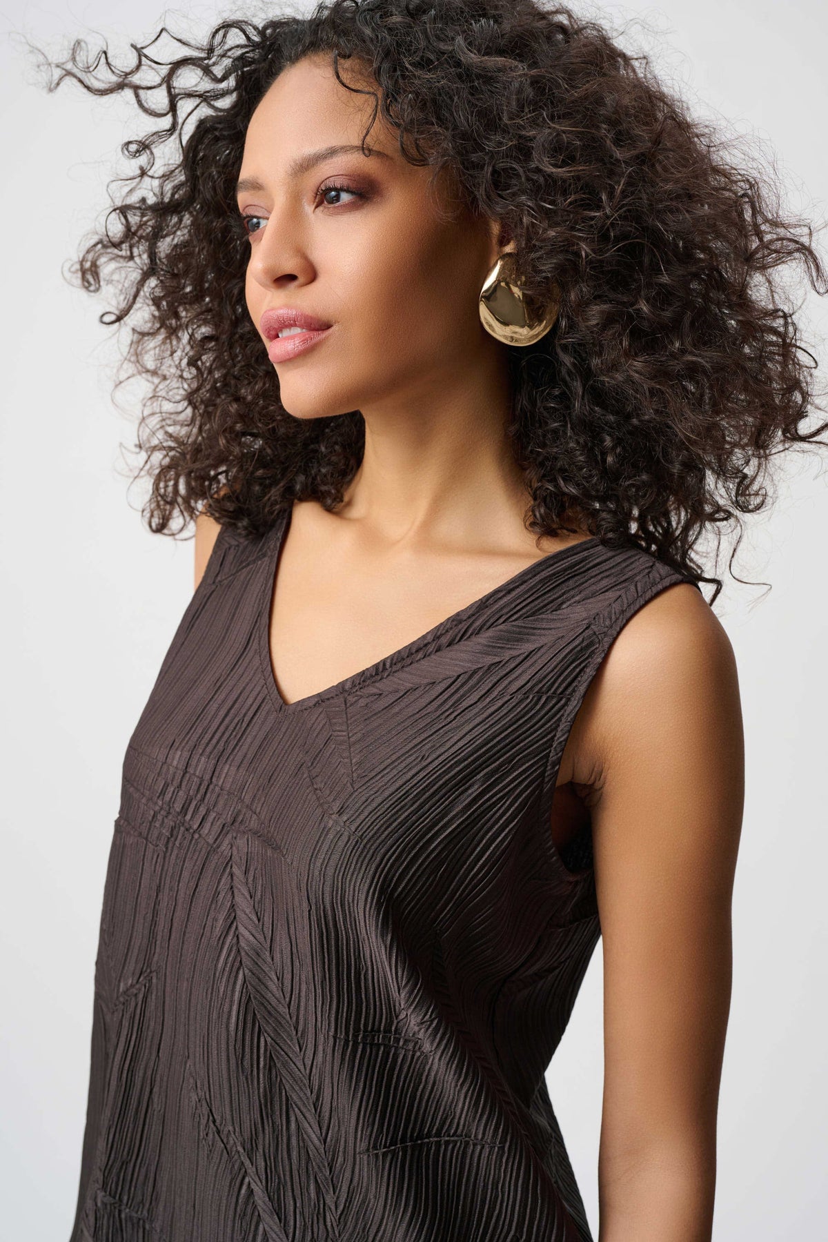 Joseph Ribkoff Mocha Pleated Satin Flared V-Neck Top