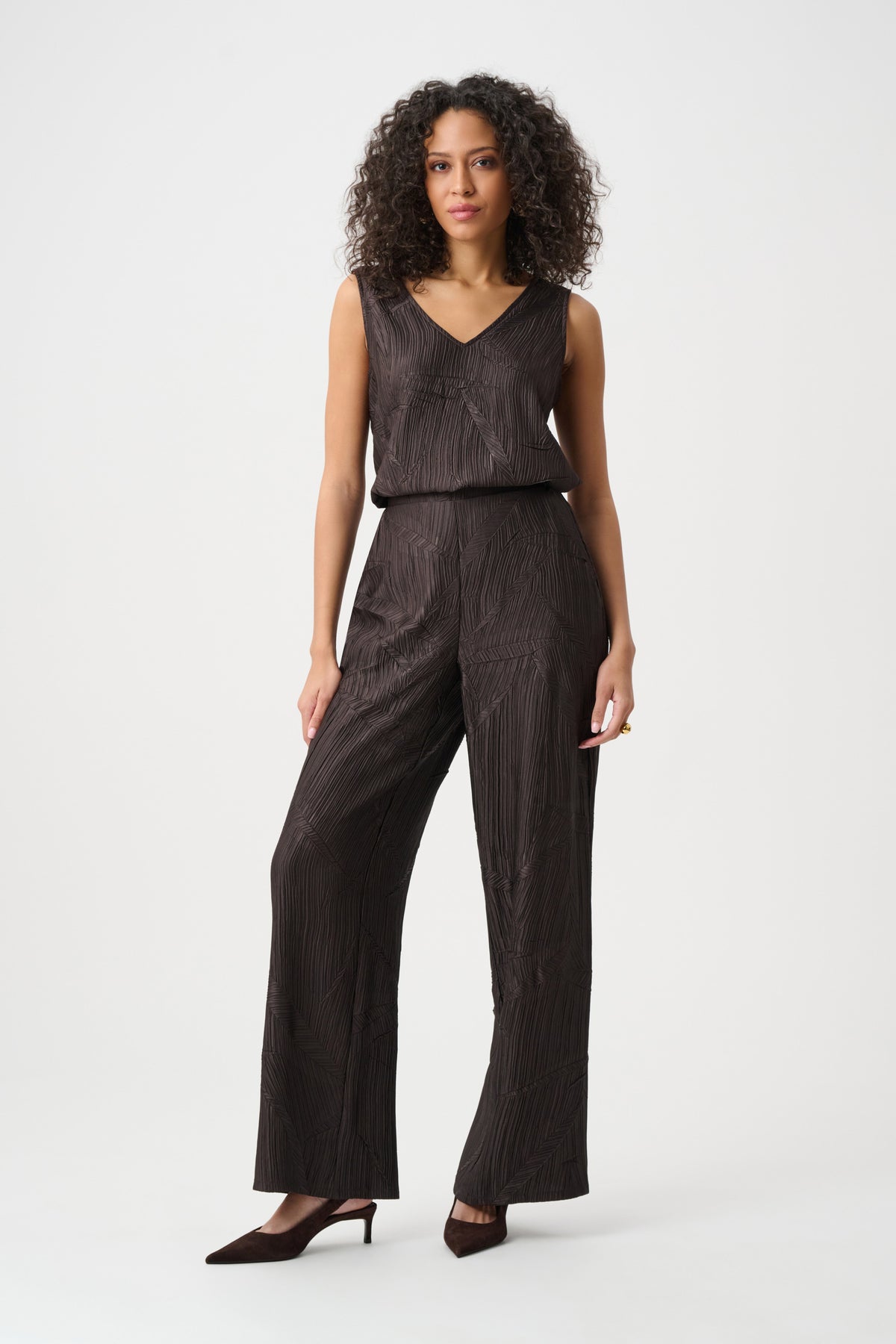Joseph Ribkoff Mocha Pleated Satin Flared V-Neck Top