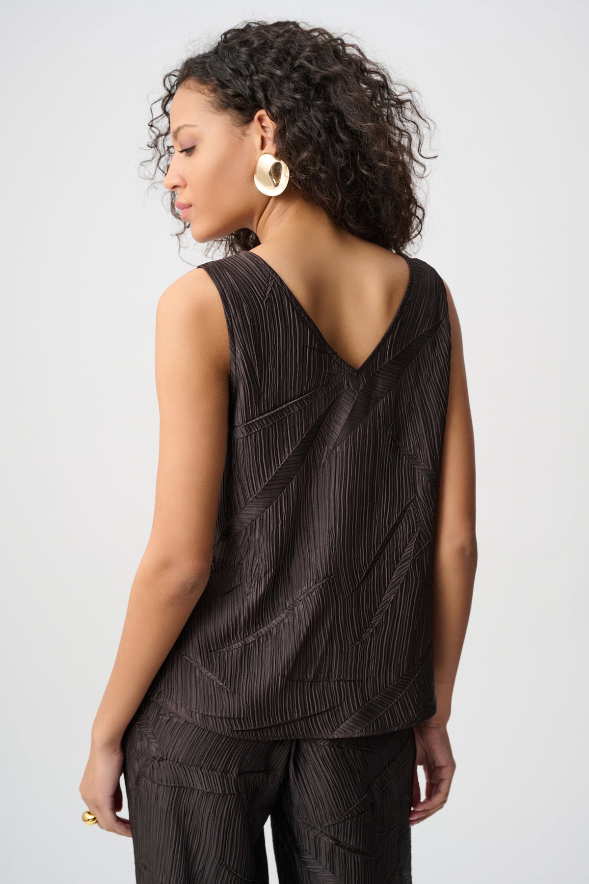 Joseph Ribkoff Mocha Pleated Satin Flared V-Neck Top
