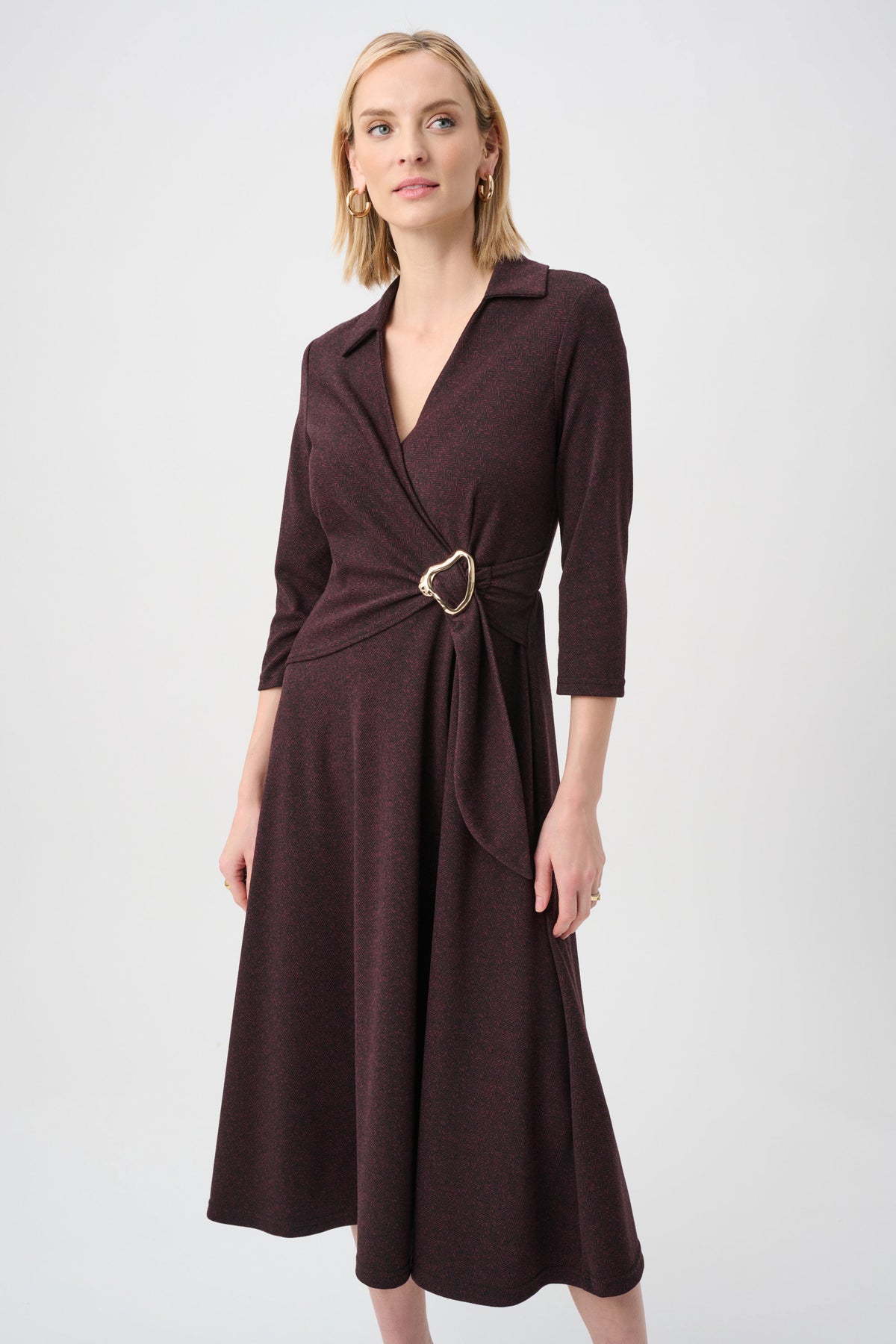 Joseph Ribkoff Berry Black Herringbone Fit And Flare Wrap Dress