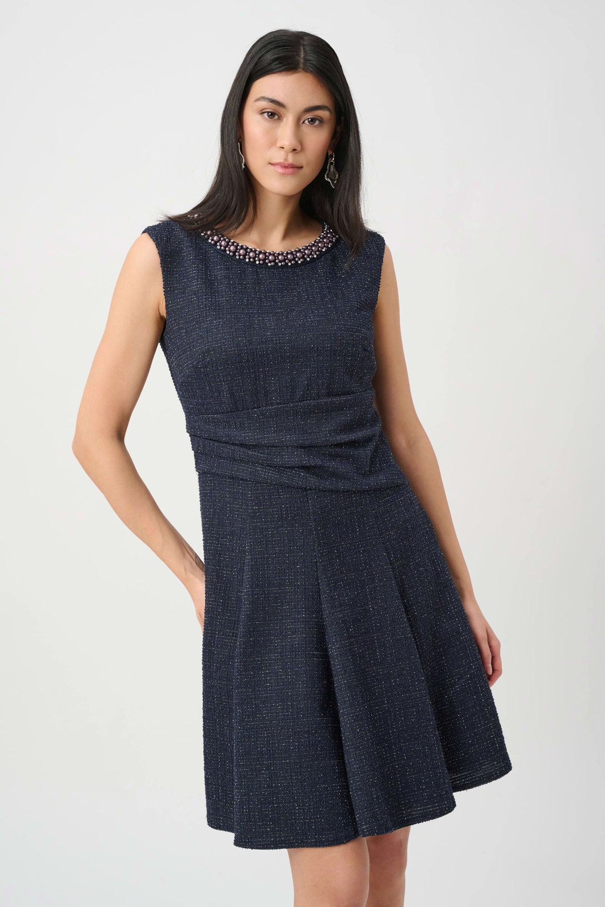 Joseph Ribkoff Navy/Black Lurex Boucle Flounce Dress with Pearl Trim