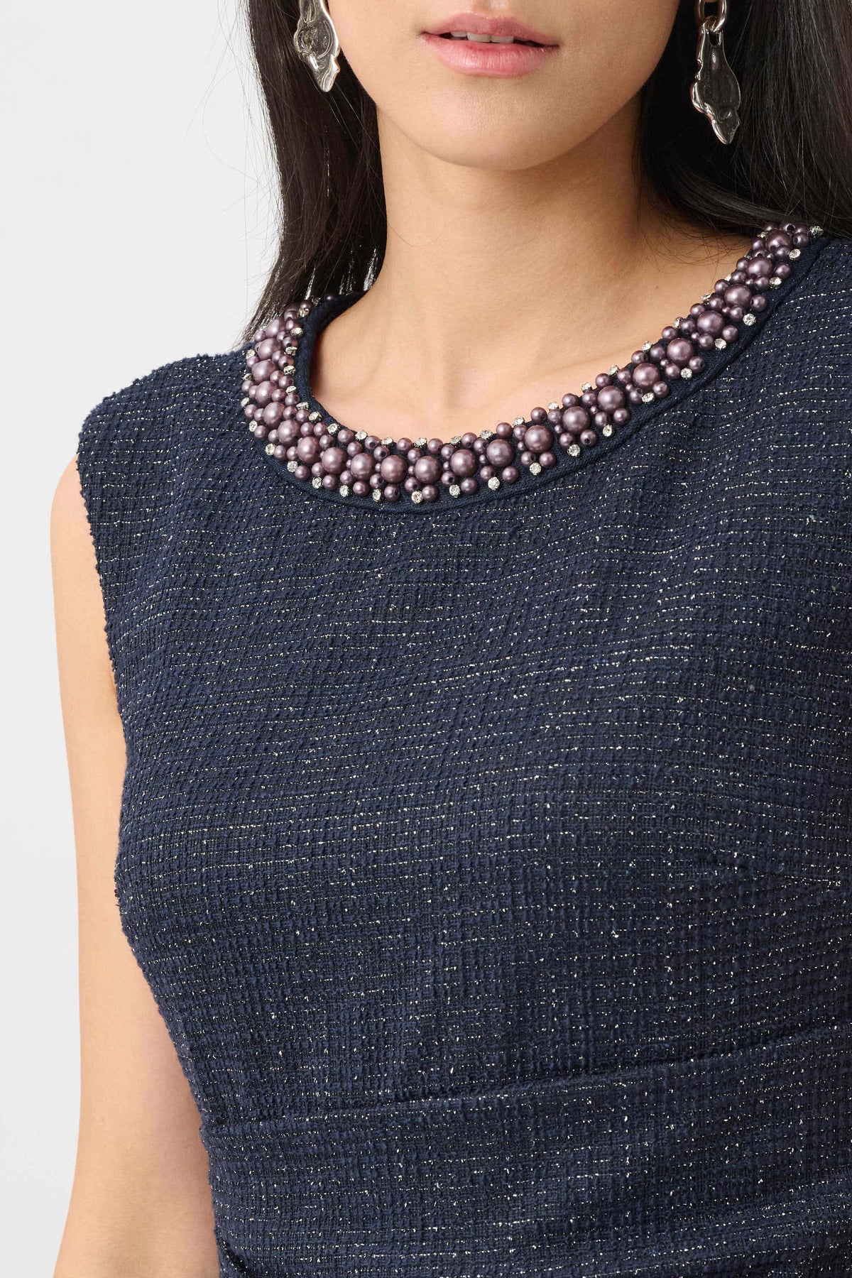 Joseph Ribkoff Navy/Black Lurex Boucle Flounce Dress with Pearl Trim