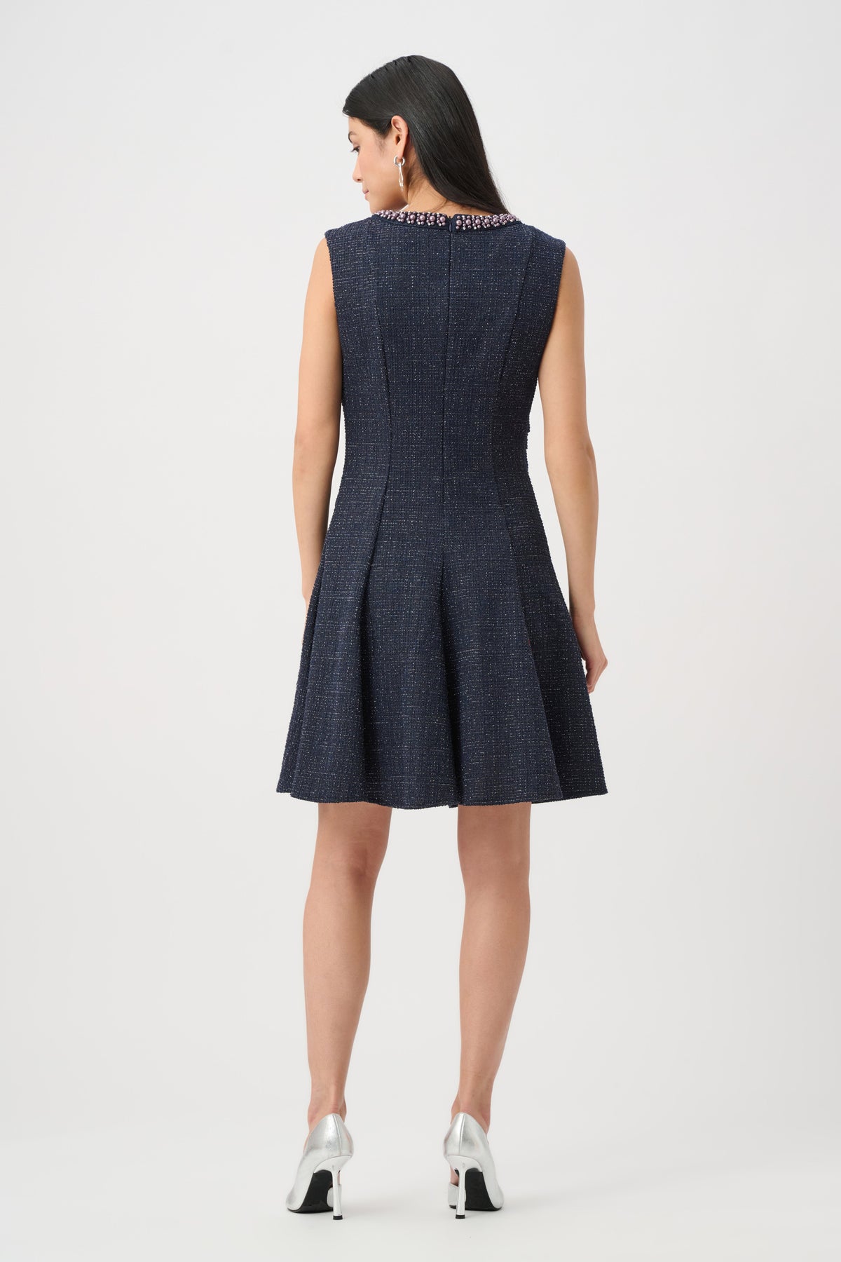 Joseph Ribkoff Navy/Black Lurex Boucle Flounce Dress with Pearl Trim