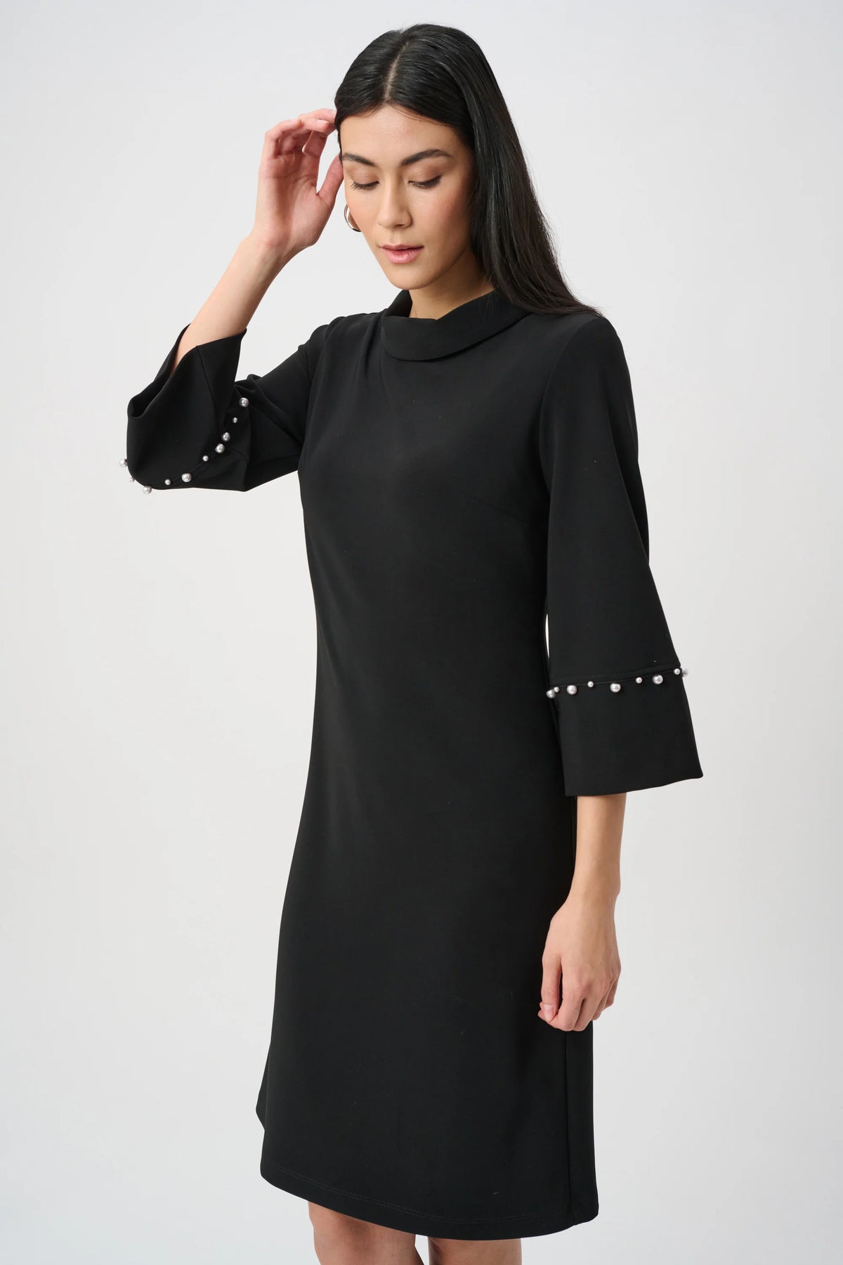 Joseph Ribkoff Black Silky Knit A-Line Dress With Pearl Detail