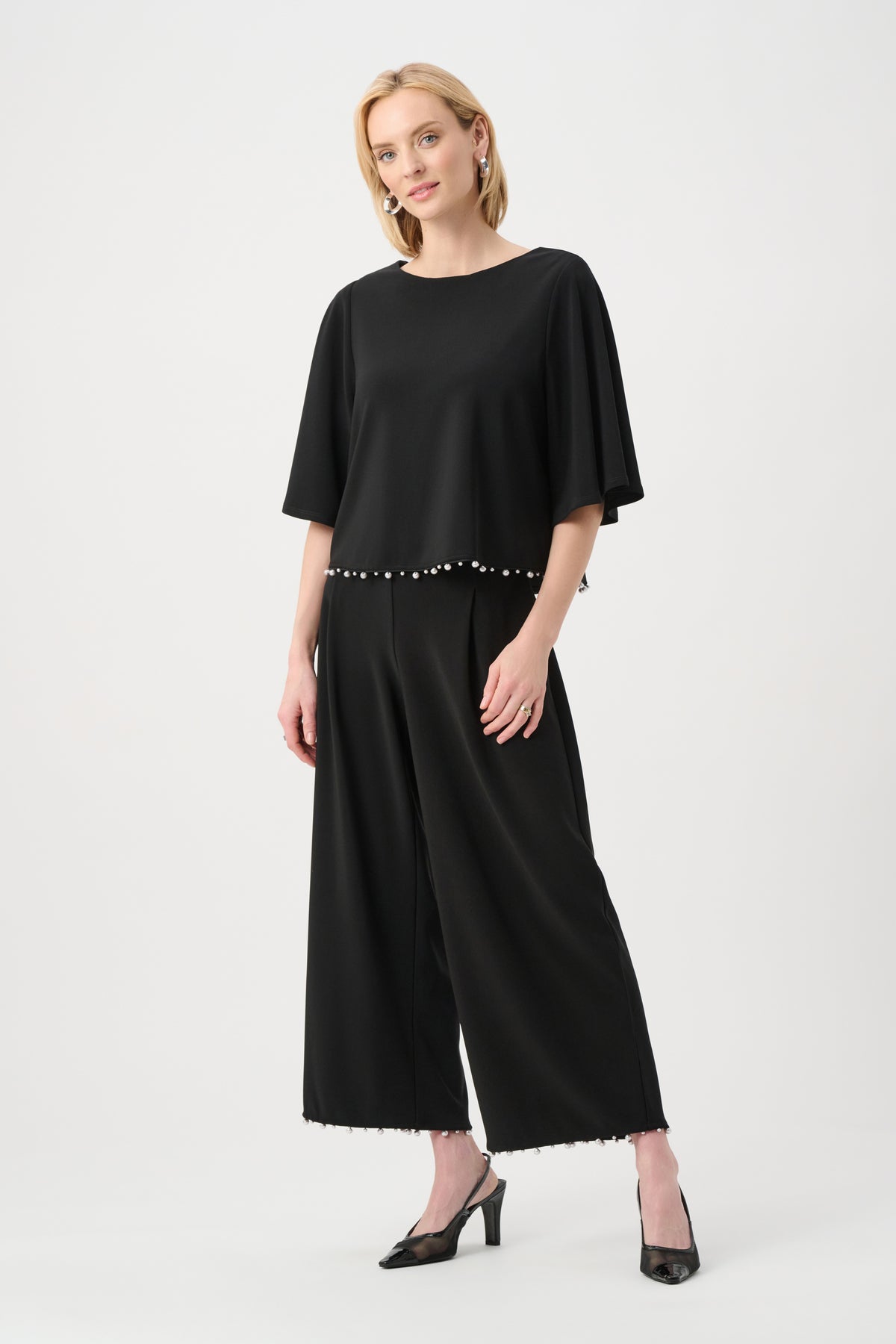 Joseph Ribkoff Black Silky Knit Flared Top With Pearl Detail