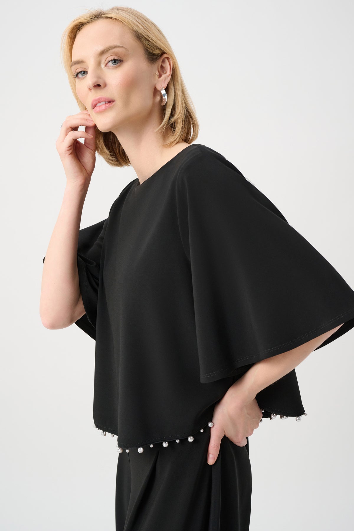 Joseph Ribkoff Black Silky Knit Flared Top With Pearl Detail
