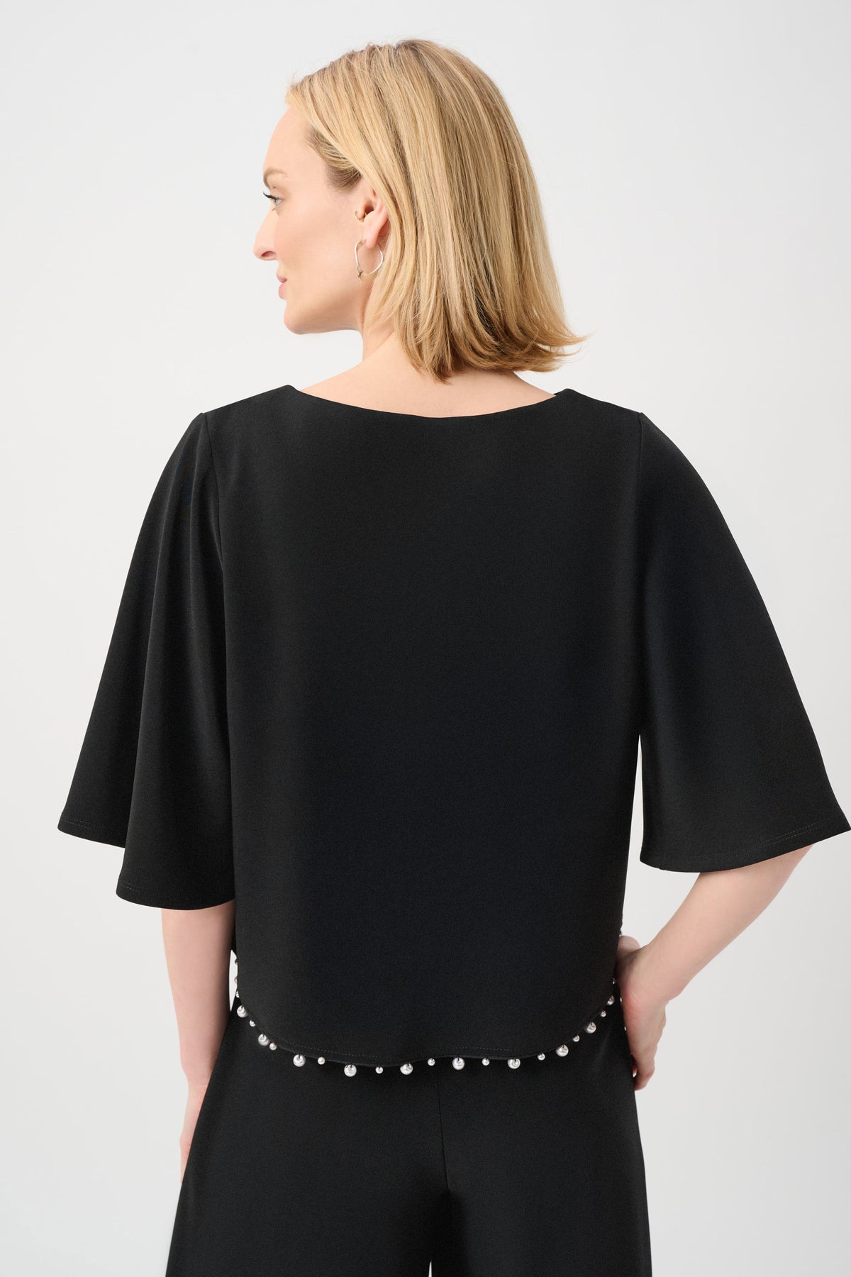 Joseph Ribkoff Black Silky Knit Flared Top With Pearl Detail