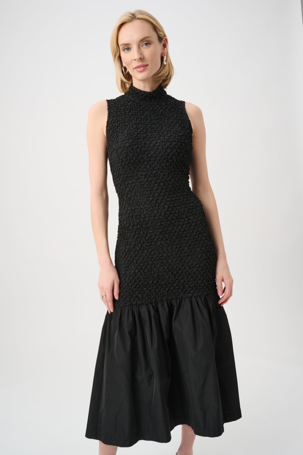 Joseph Ribkoff Black Textured Jacquard Flounce Dress With Memory
