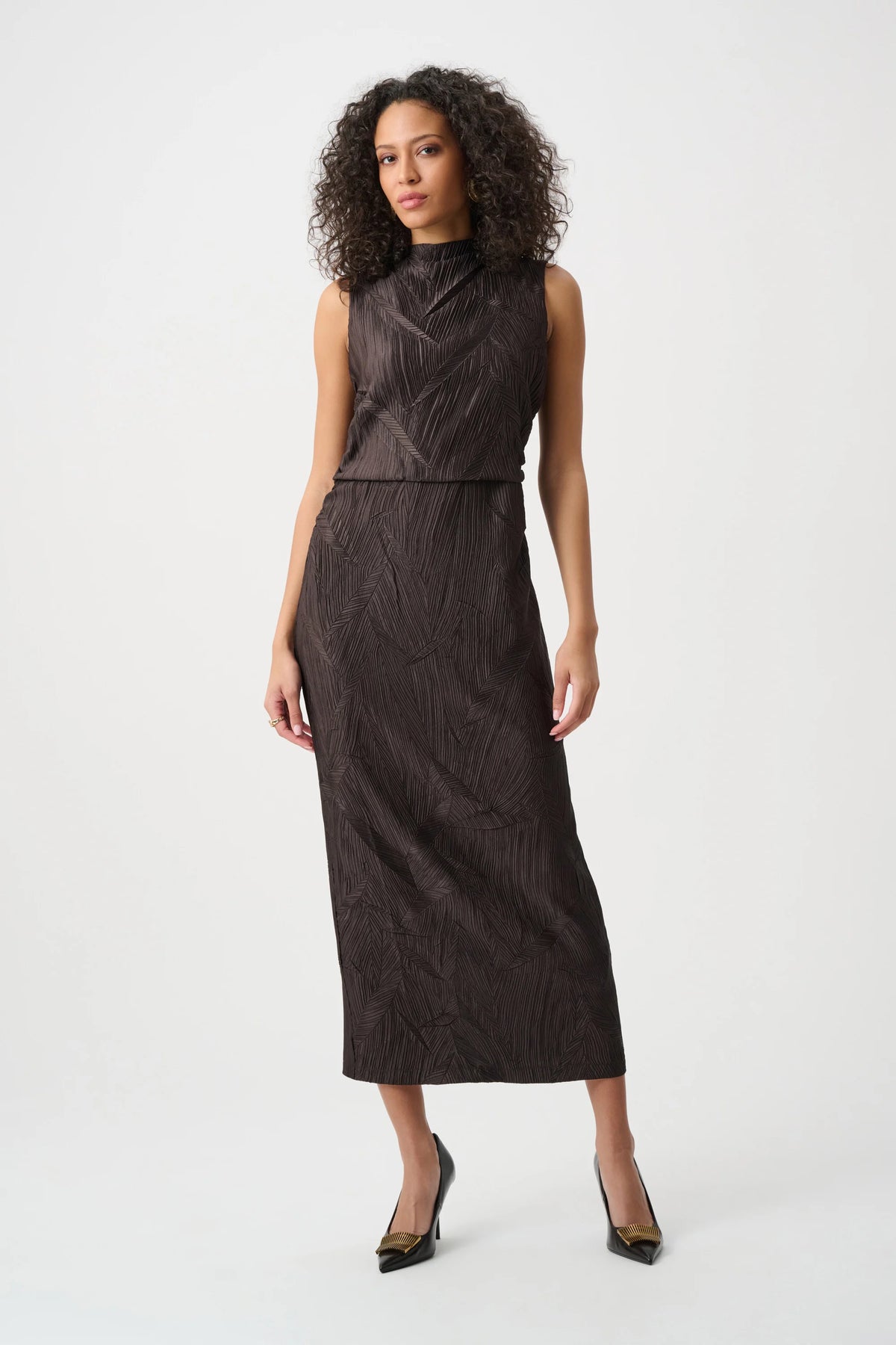 Joseph Ribkoff Mocha Pleated Satin Sleeveless Midi Dress