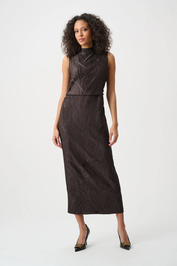 Joseph Ribkoff Mocha Pleated Satin Sleeveless Midi Dress