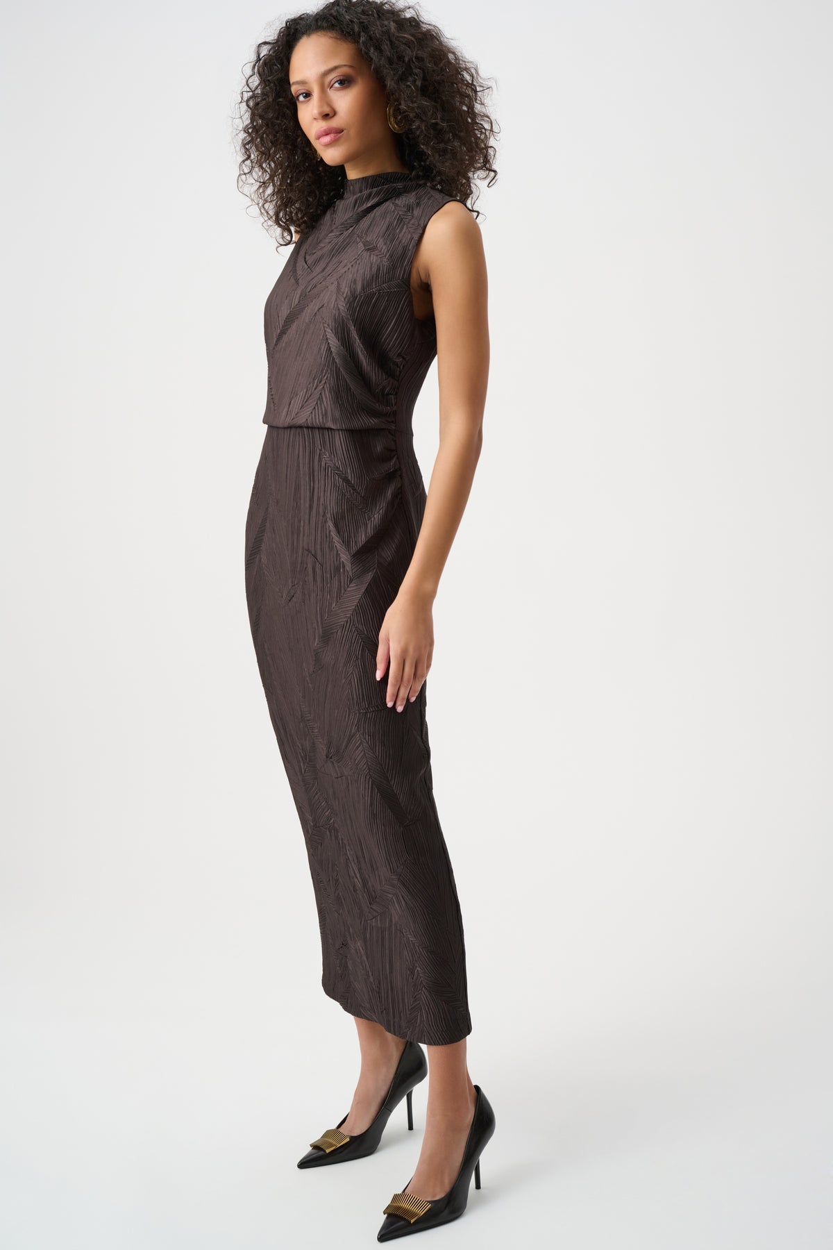 Joseph Ribkoff Mocha Pleated Satin Sleeveless Midi Dress