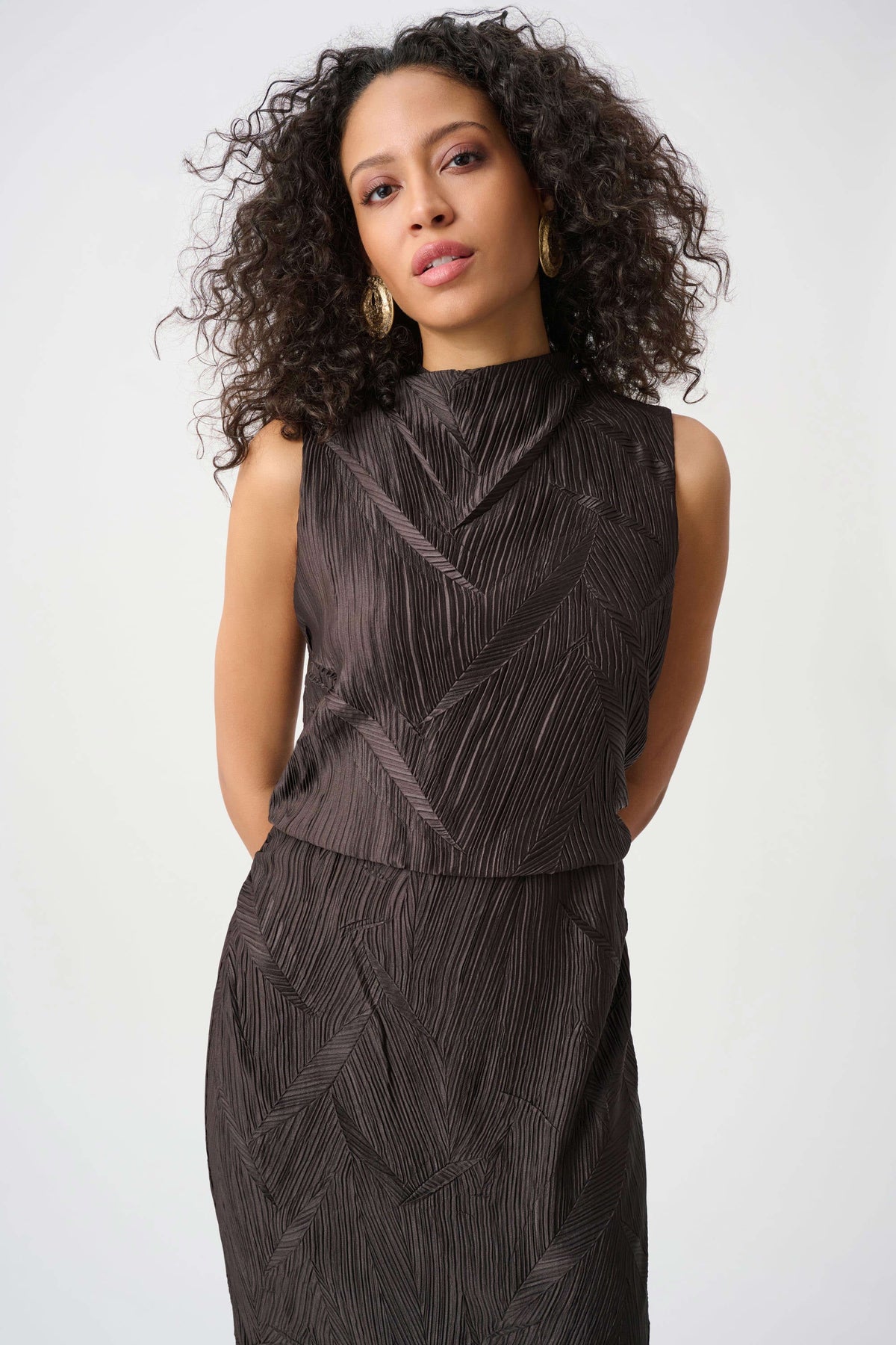 Joseph Ribkoff Mocha Pleated Satin Sleeveless Midi Dress
