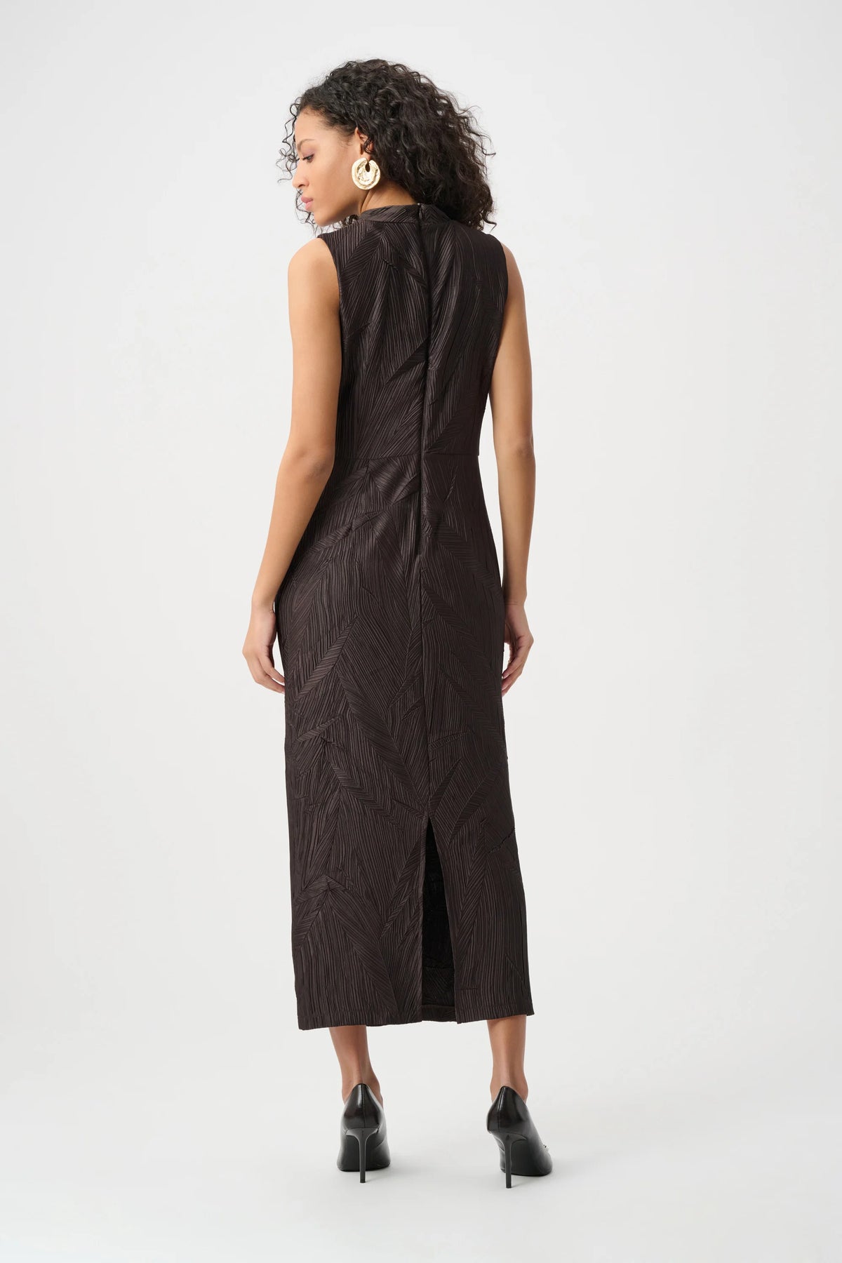 Joseph Ribkoff Mocha Pleated Satin Sleeveless Midi Dress