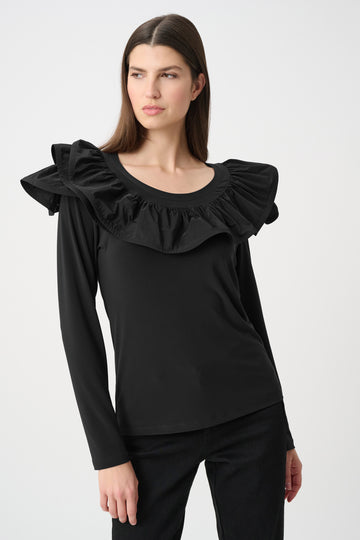 Joseph Ribkoff Black Silky Knit Fitted Top With Memory Ruffles