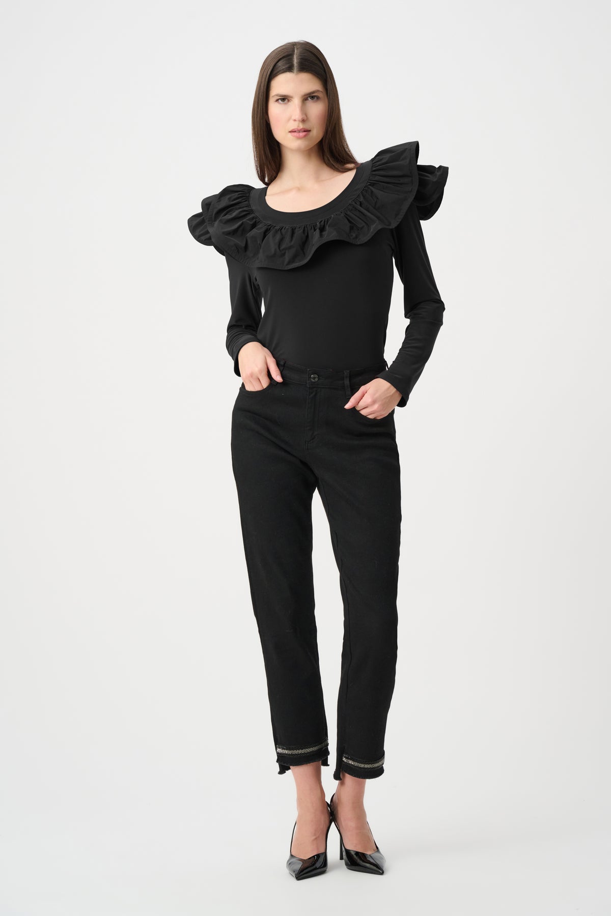 Joseph Ribkoff Black Silky Knit Fitted Top With Memory Ruffles