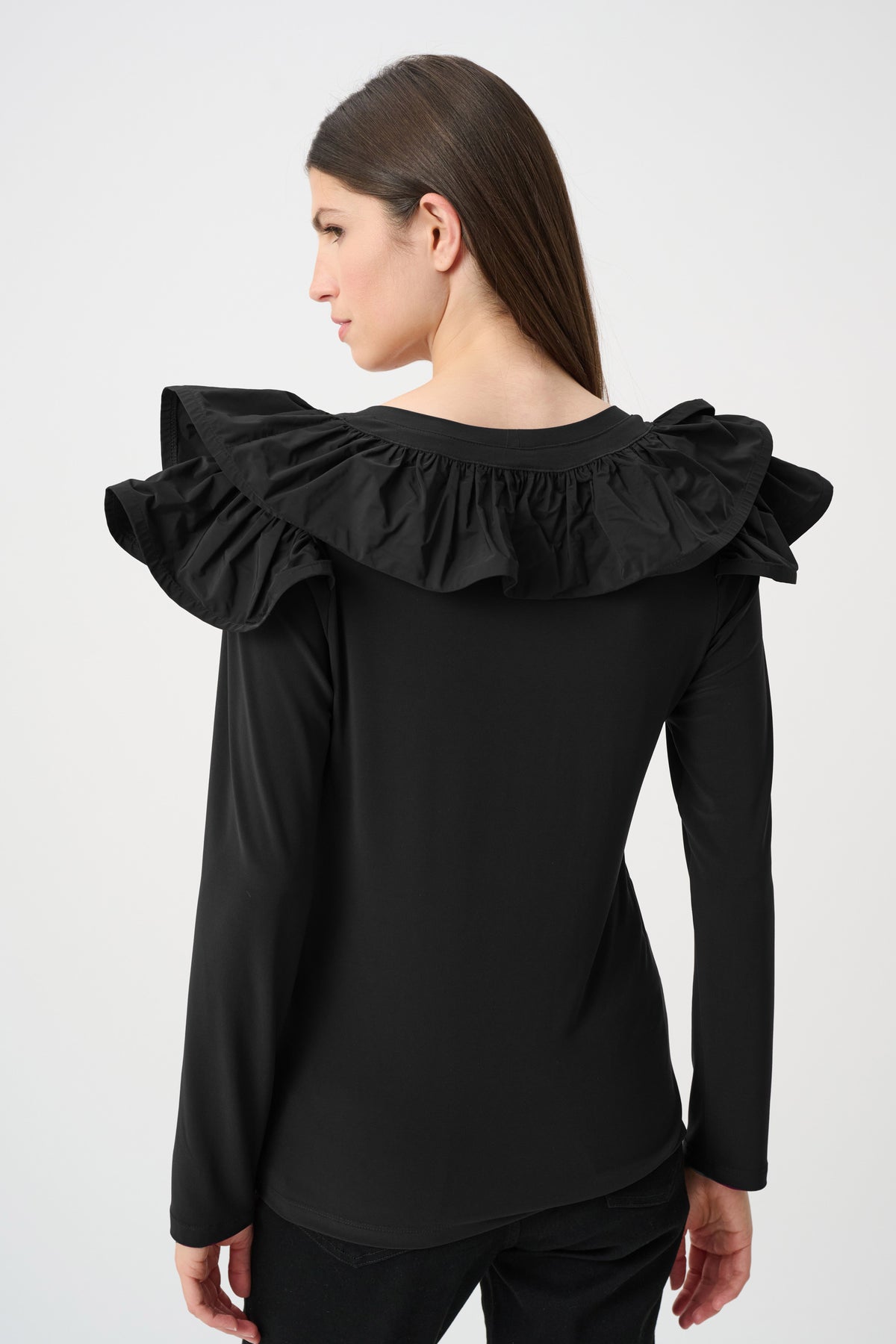 Joseph Ribkoff Black Silky Knit Fitted Top With Memory Ruffles