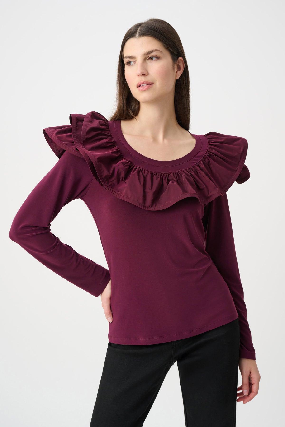 Joseph Ribkoff Elderberry Silky Knit Fitted Top With Memory Ruffles
