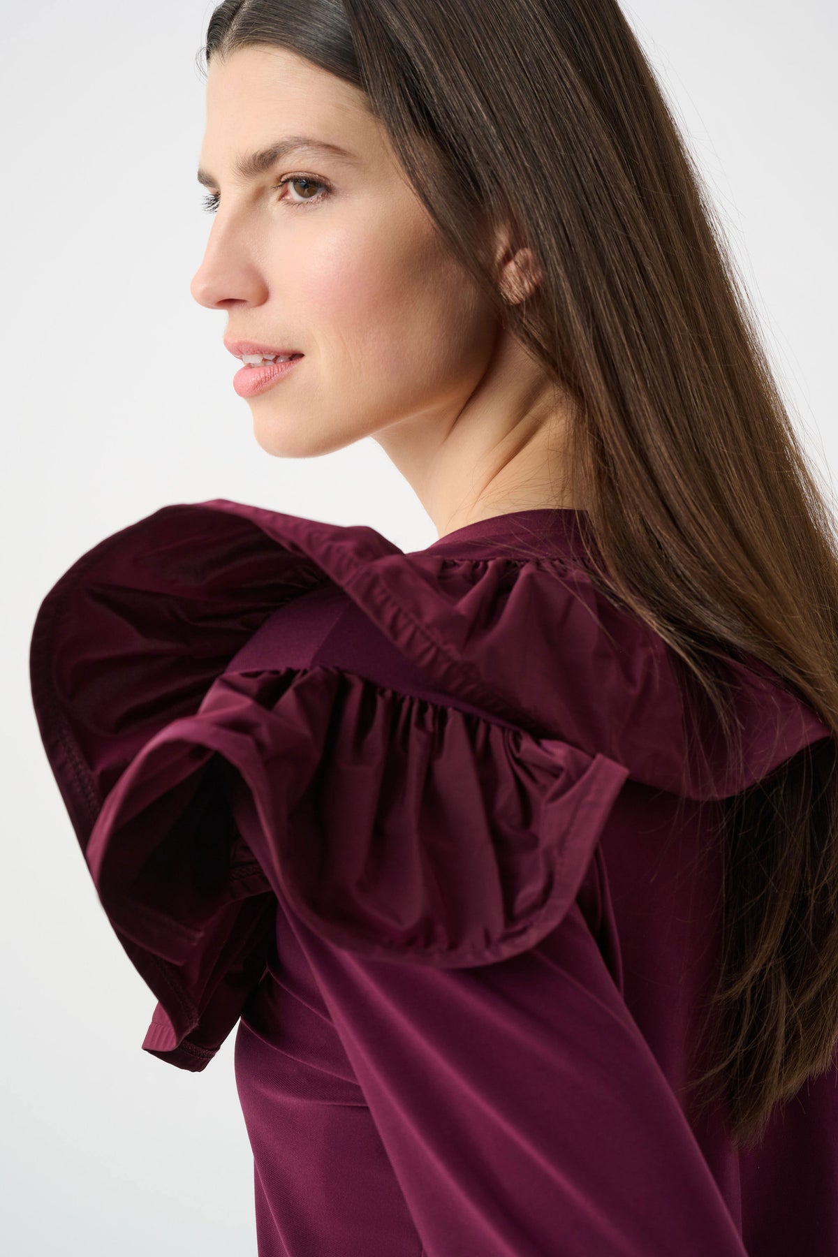 Joseph Ribkoff Elderberry Silky Knit Fitted Top With Memory Ruffles