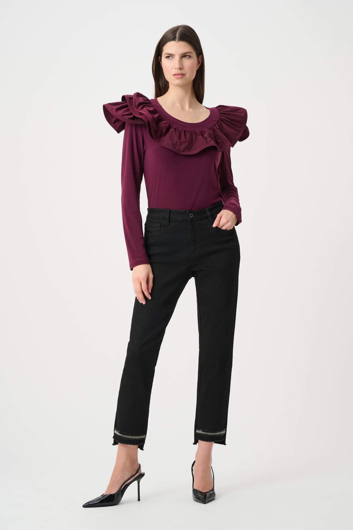 Joseph Ribkoff Elderberry Silky Knit Fitted Top With Memory Ruffles