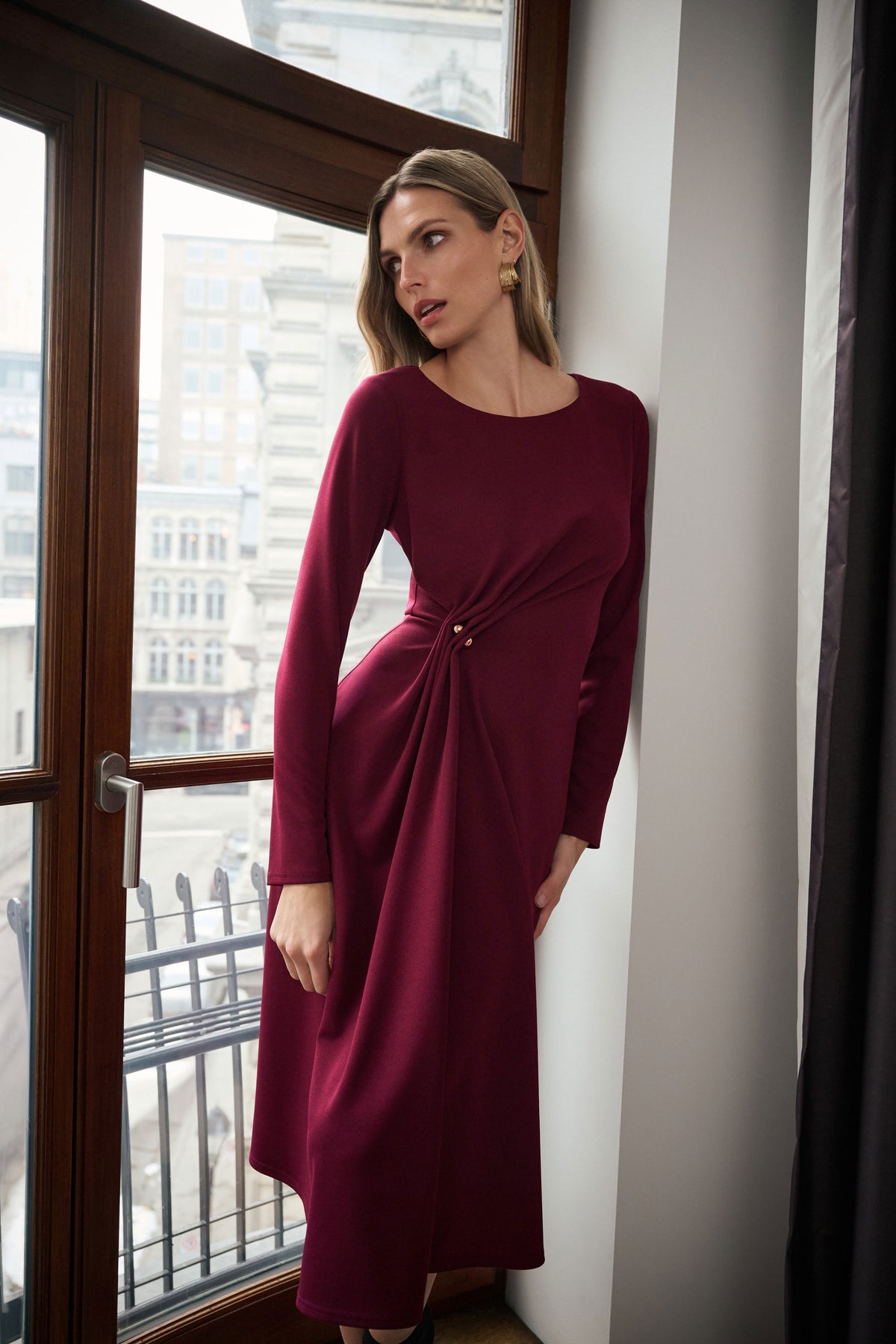 Joseph Ribkoff Elderberry Scuba Crepe Draped Front Sheath Dress