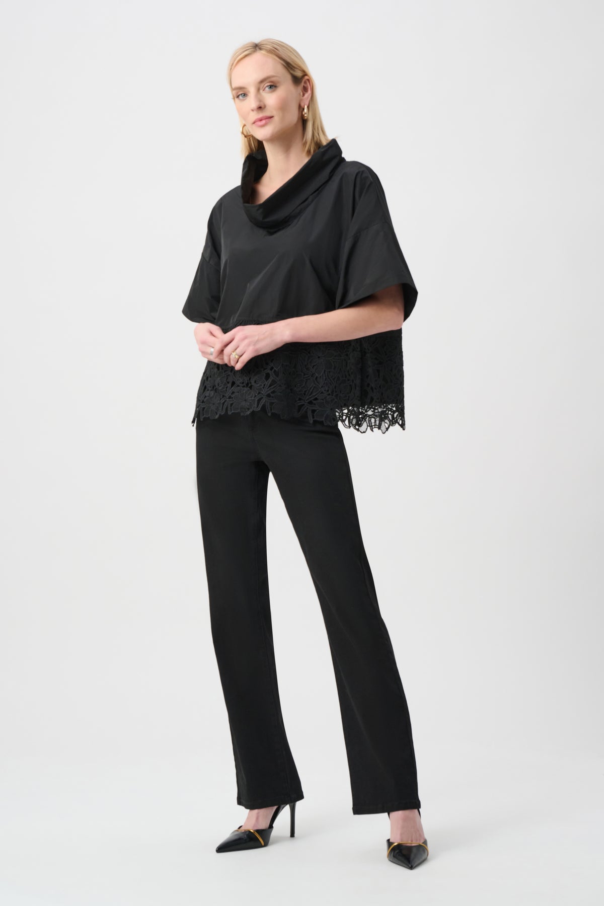 Joseph Ribkoff Black Memory Boxy Top With Lace Hem
