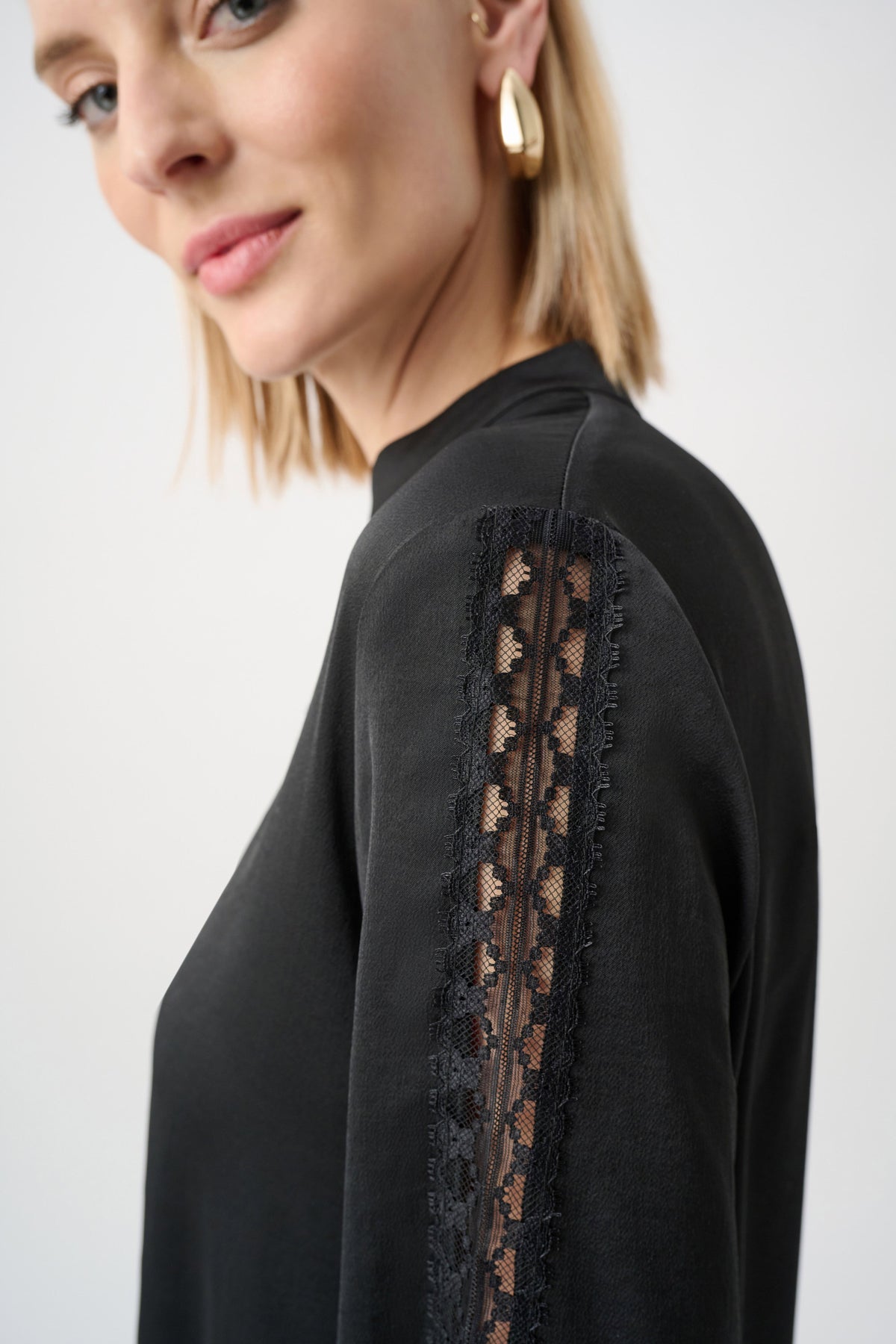 Joseph Ribkoff Black Recycled Satin Straight Top With Lace