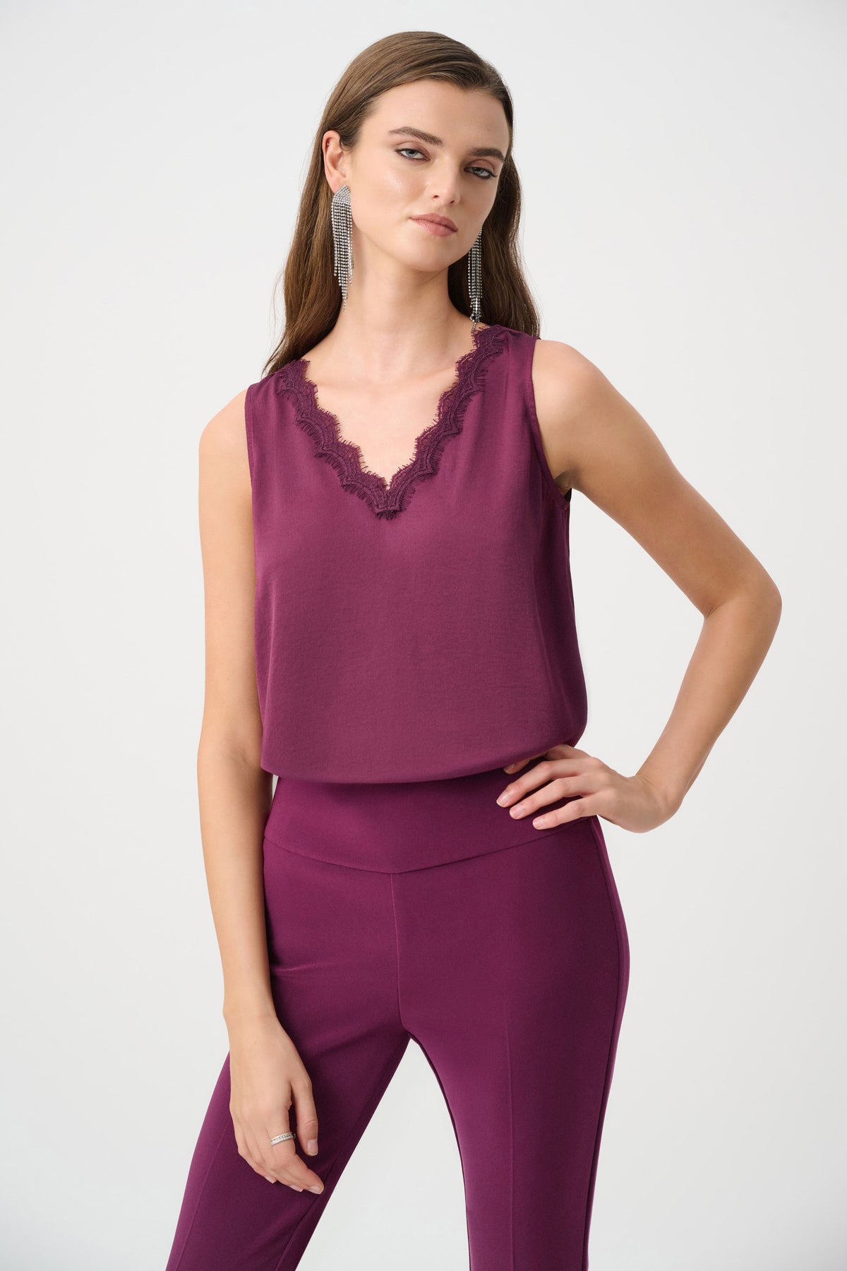 Joseph Ribkoff Berry Burst Recycled Satin Sleeveless V-Neck Top