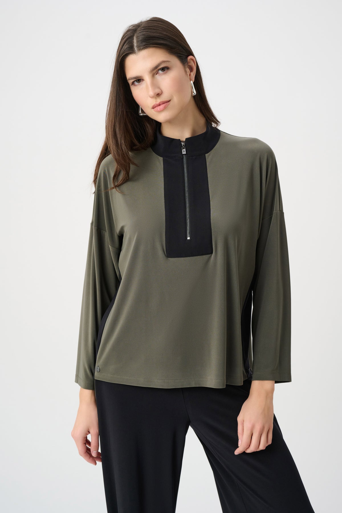 Joseph Ribkoff Avocado Silky Knit Color Block Straight Top