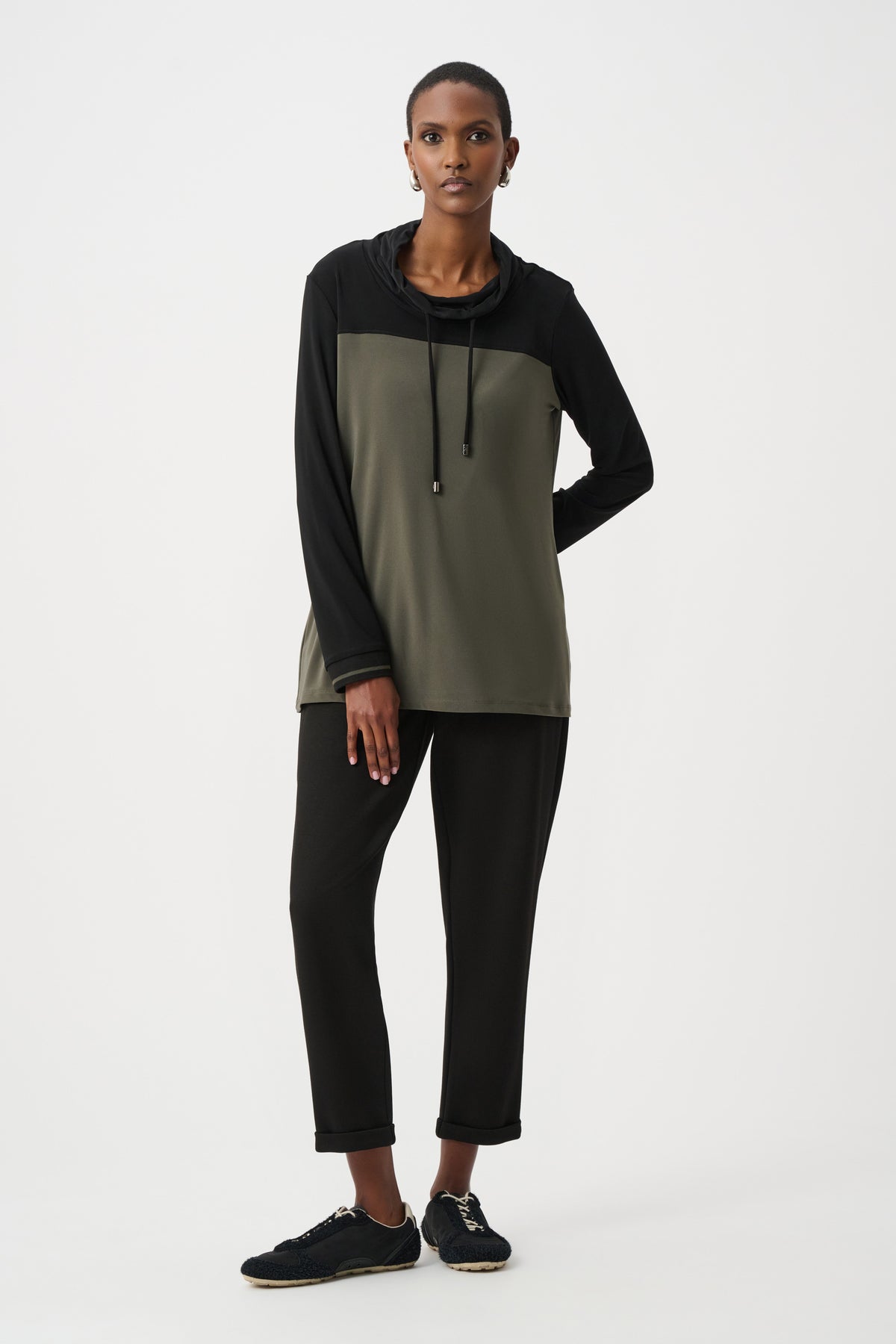 Joseph Ribkoff Avocado/Black Silky Knit Color Block Funnel-Neck Tunic