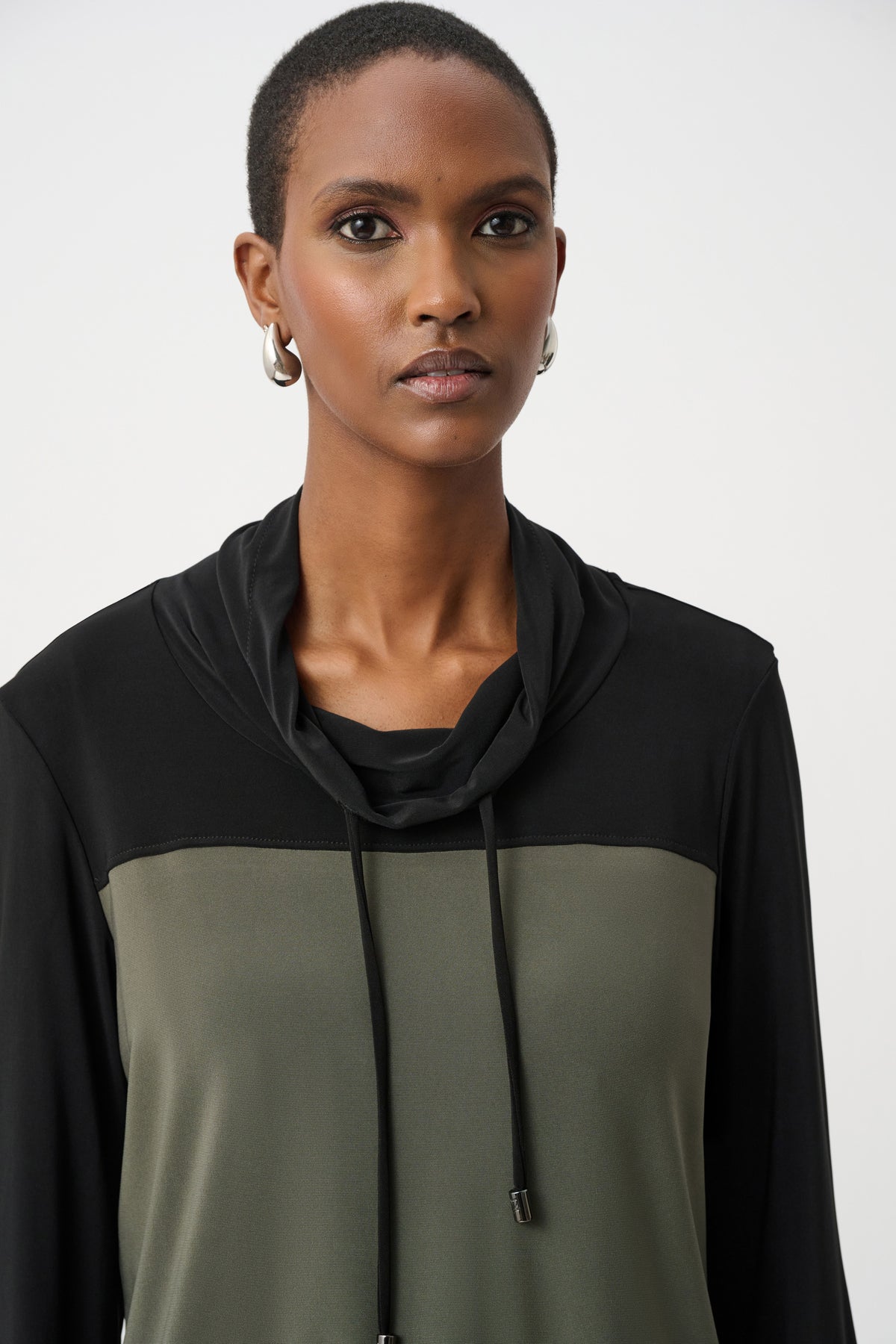 Joseph Ribkoff Avocado/Black Silky Knit Color Block Funnel-Neck Tunic