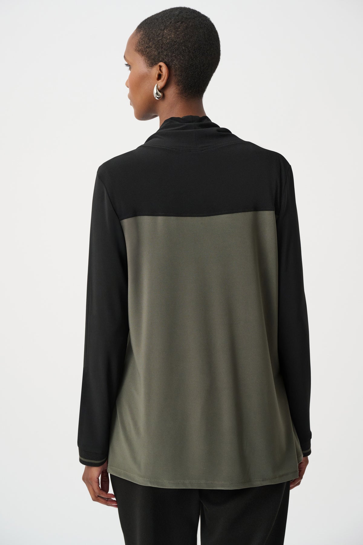 Joseph Ribkoff Avocado/Black Silky Knit Color Block Funnel-Neck Tunic