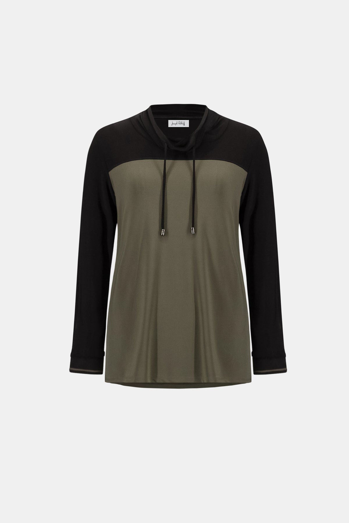 Joseph Ribkoff Avocado/Black Silky Knit Color Block Funnel-Neck Tunic