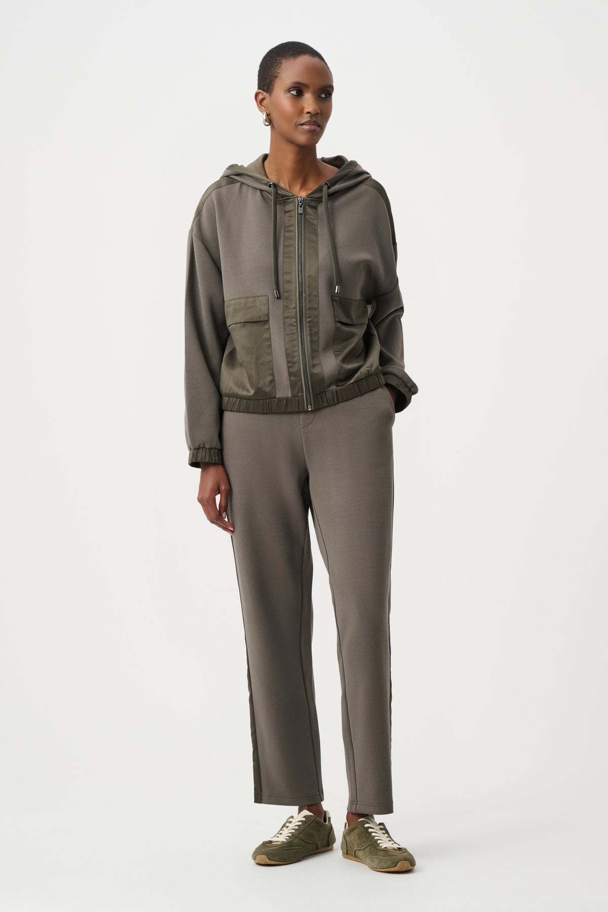 Joseph Ribkoff Scuba Jersey And Satin Hooded Boxy Jacket