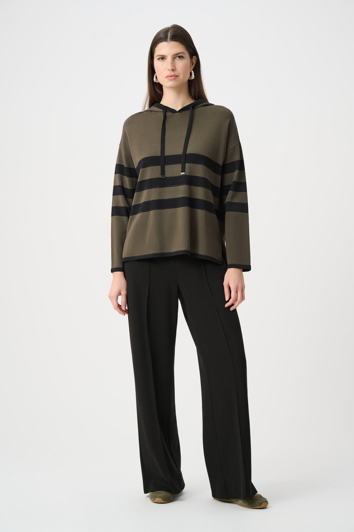 Joseph Ribkoff Avocado/Black Sweater Knit Striped Hooded Sweater