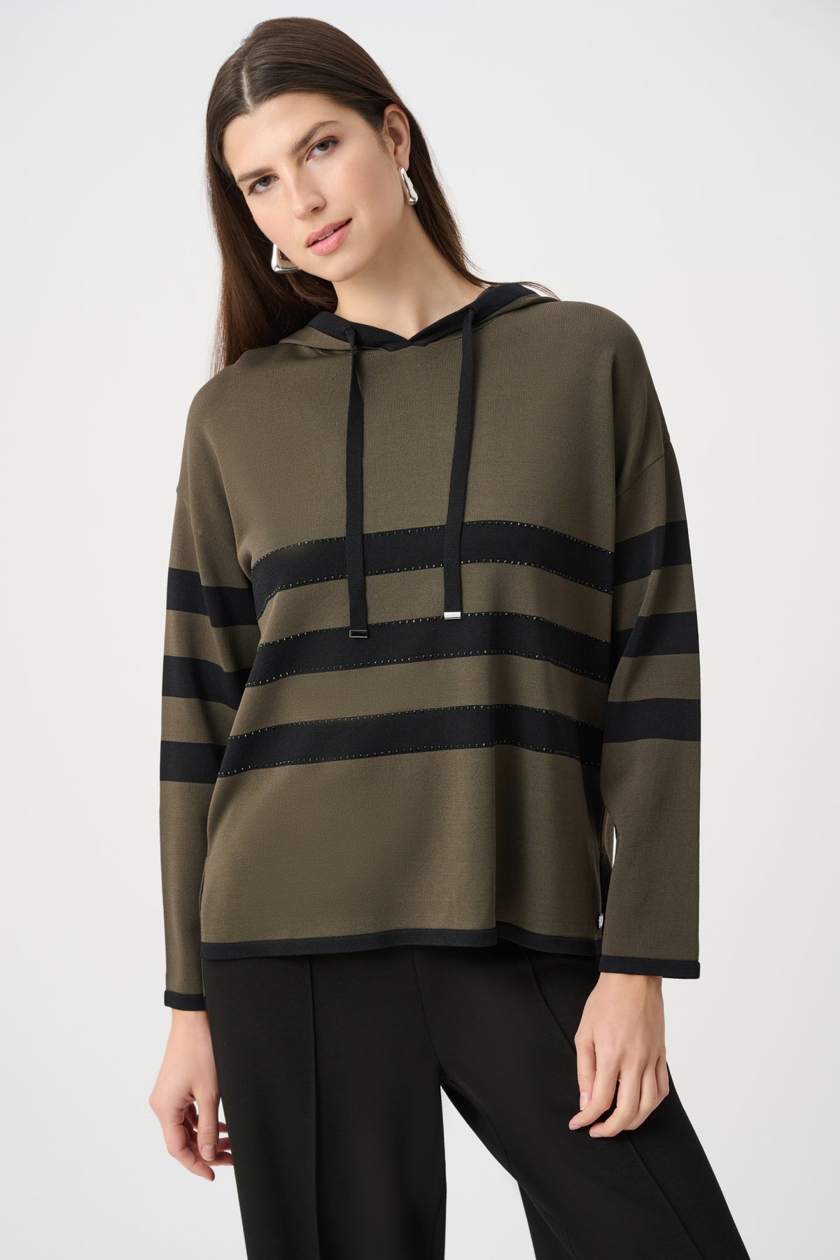 Joseph Ribkoff Avocado/Black Sweater Knit Striped Hooded Sweater