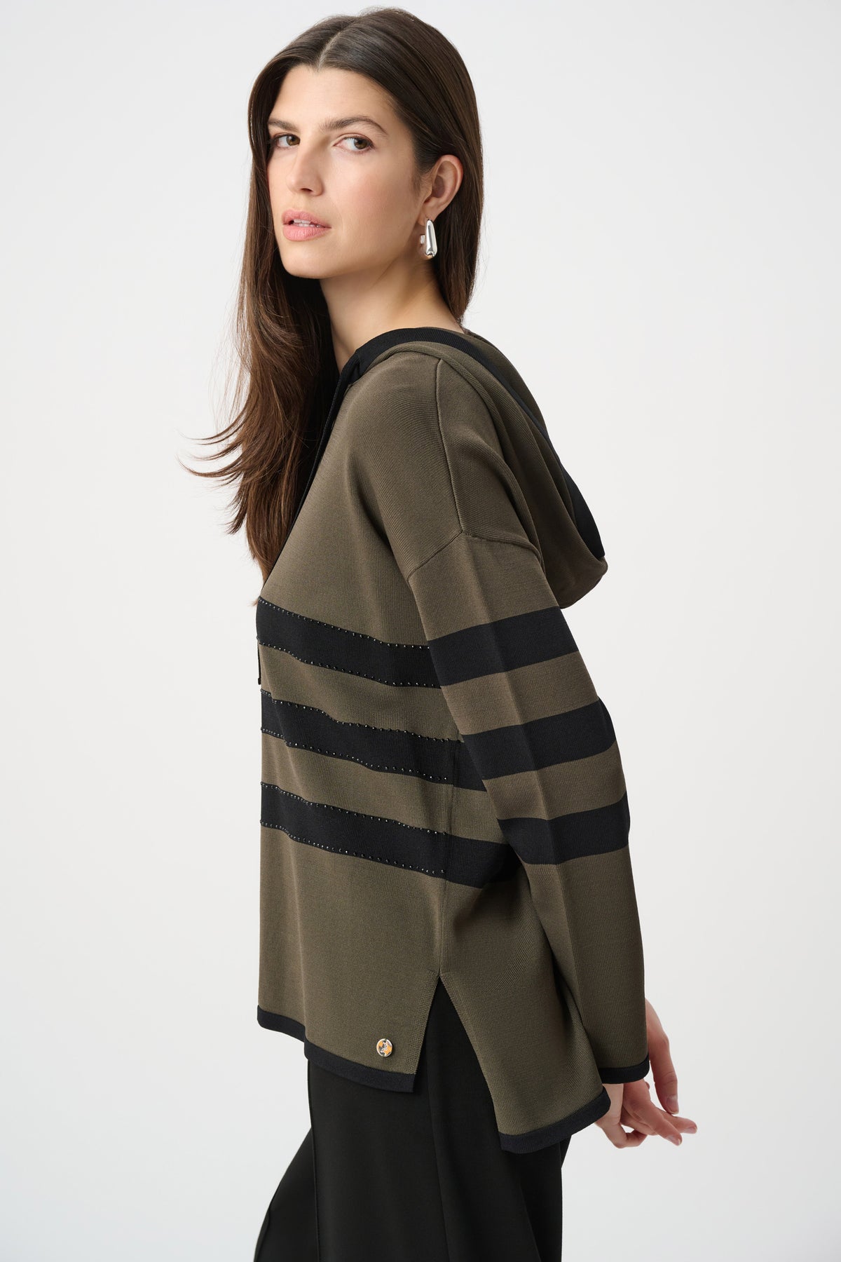 Joseph Ribkoff Avocado/Black Sweater Knit Striped Hooded Sweater