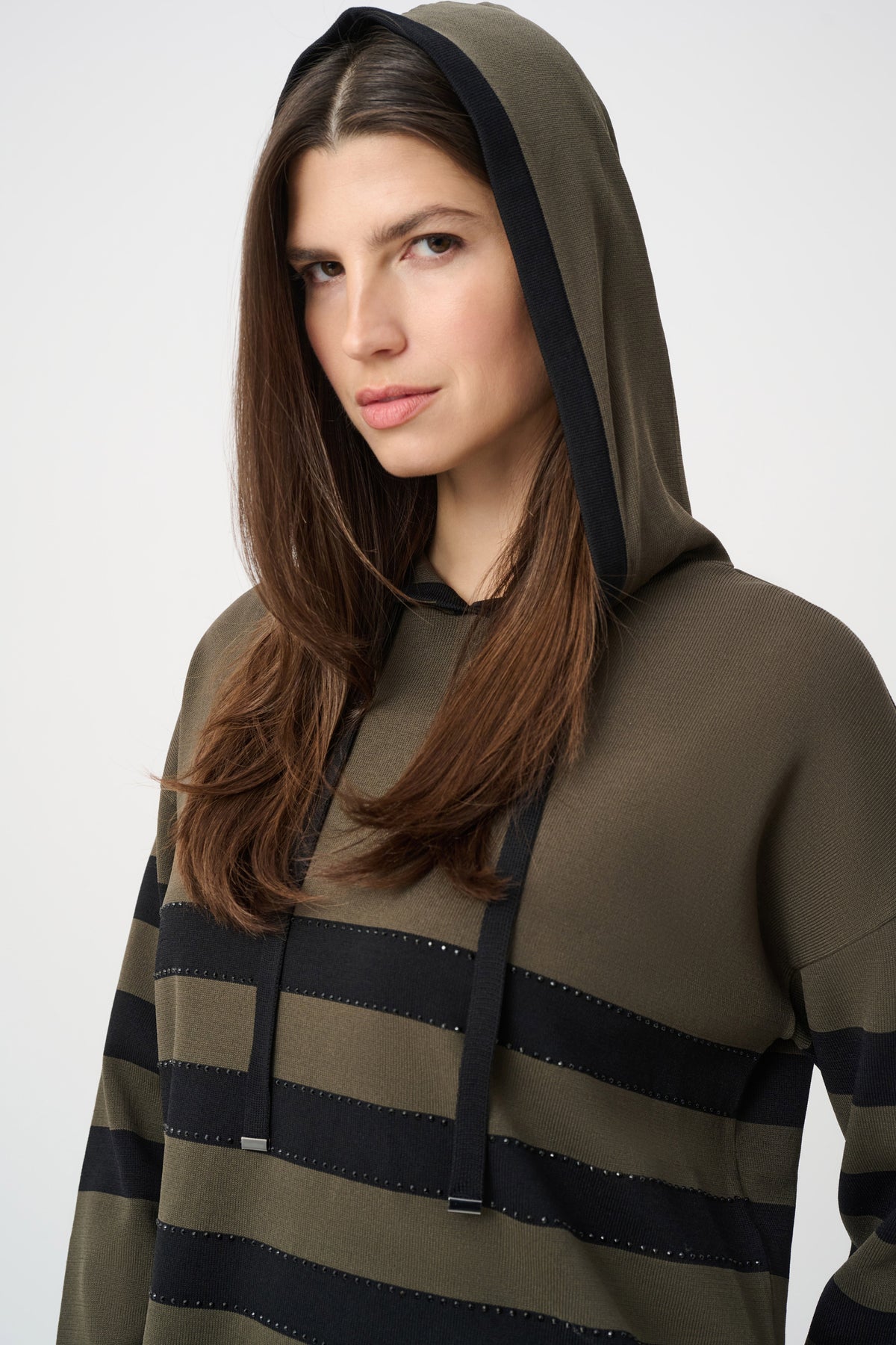 Joseph Ribkoff Avocado/Black Sweater Knit Striped Hooded Sweater