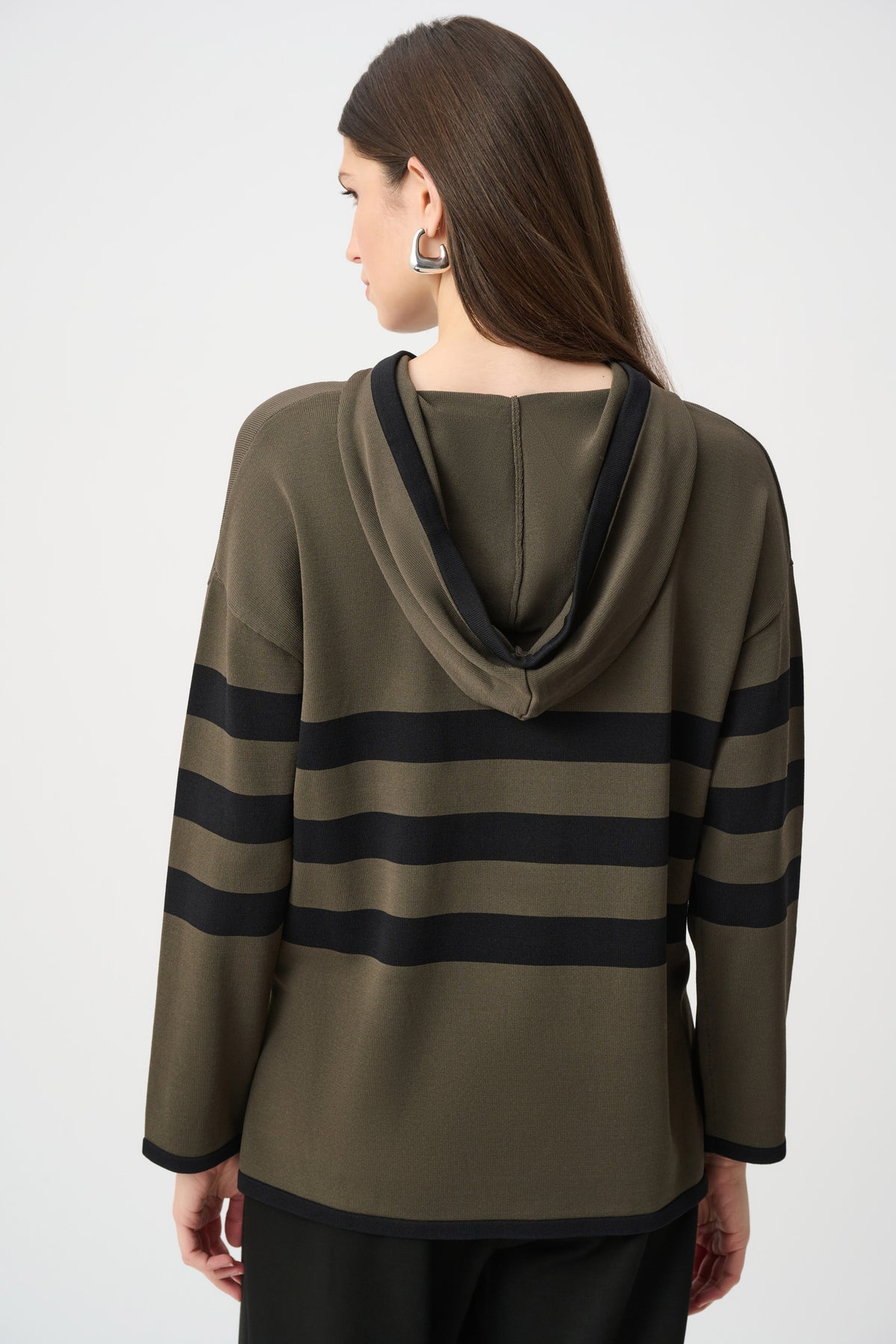 Joseph Ribkoff Avocado/Black Sweater Knit Striped Hooded Sweater