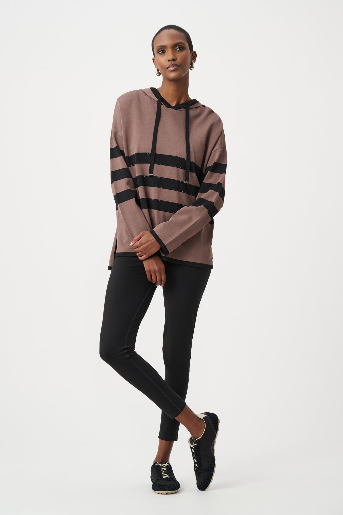 Joseph Ribkoff Mink/Black Sweater Knit Striped Hooded Sweater