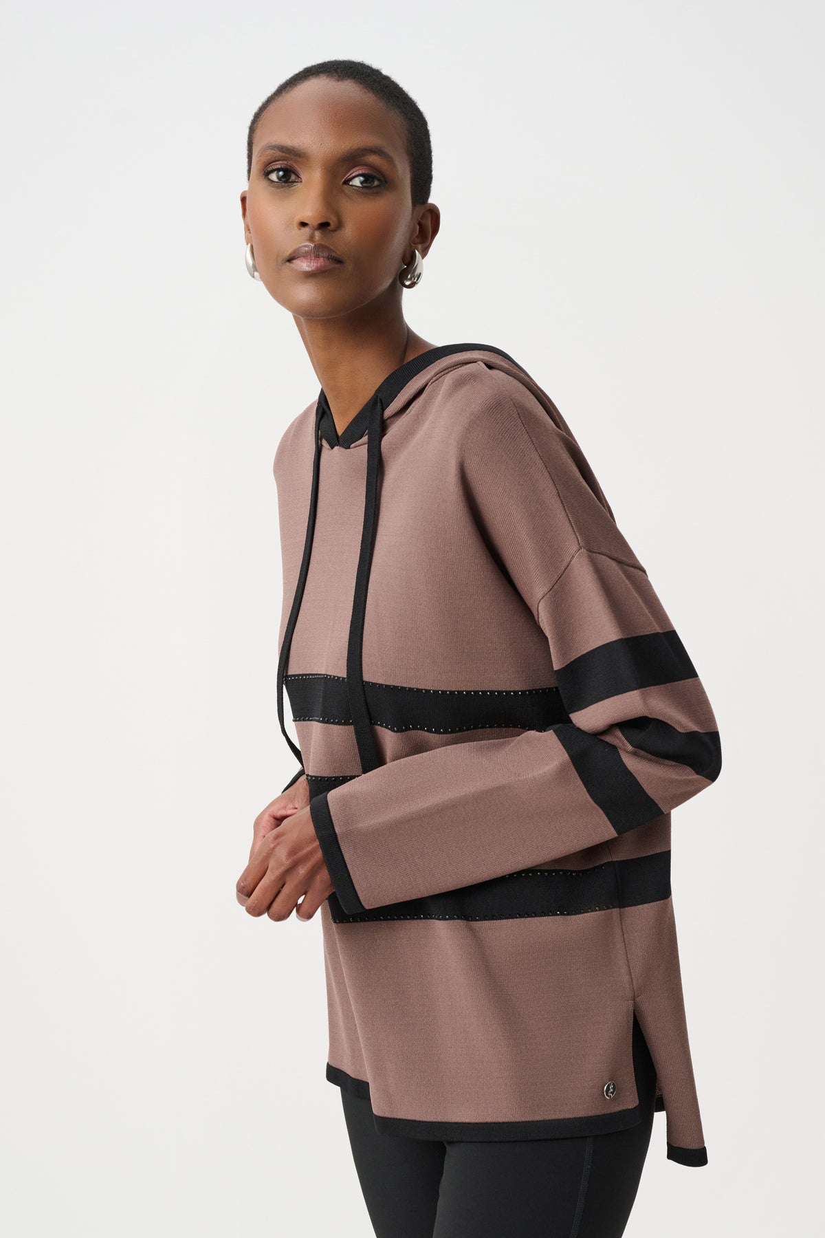 Joseph Ribkoff Mink/Black Sweater Knit Striped Hooded Sweater