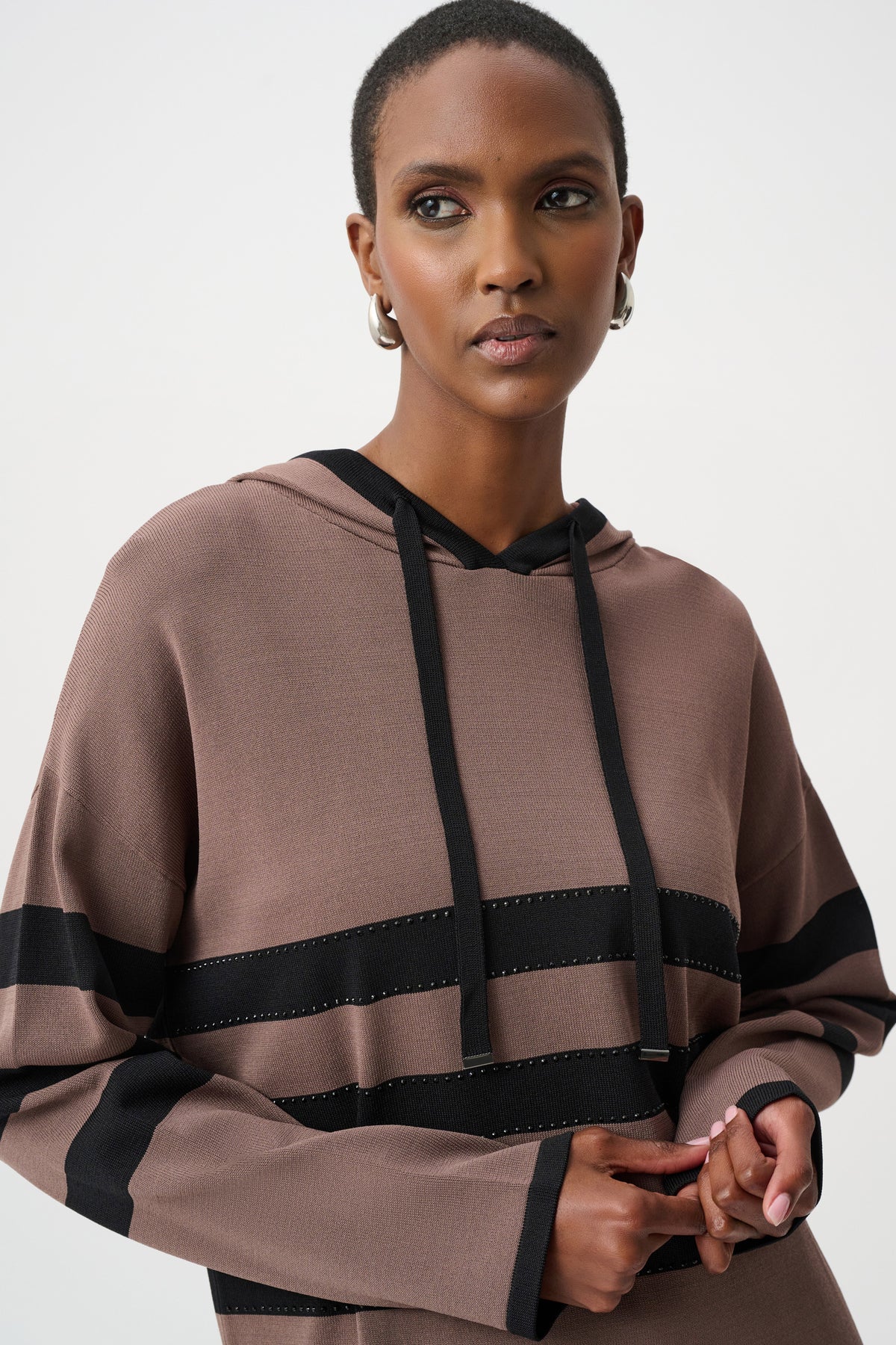 Joseph Ribkoff Mink/Black Sweater Knit Striped Hooded Sweater