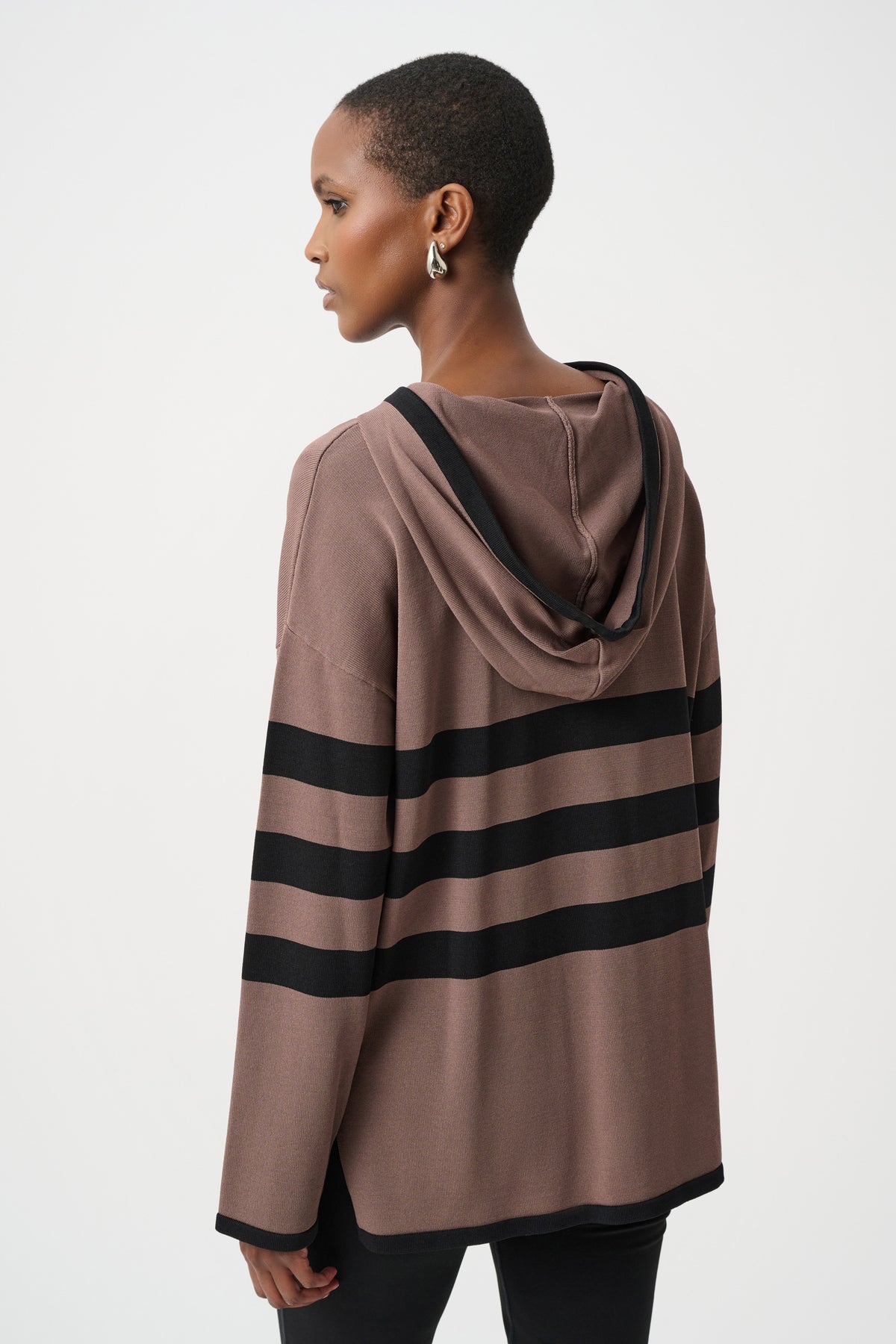Joseph Ribkoff Mink/Black Sweater Knit Striped Hooded Sweater