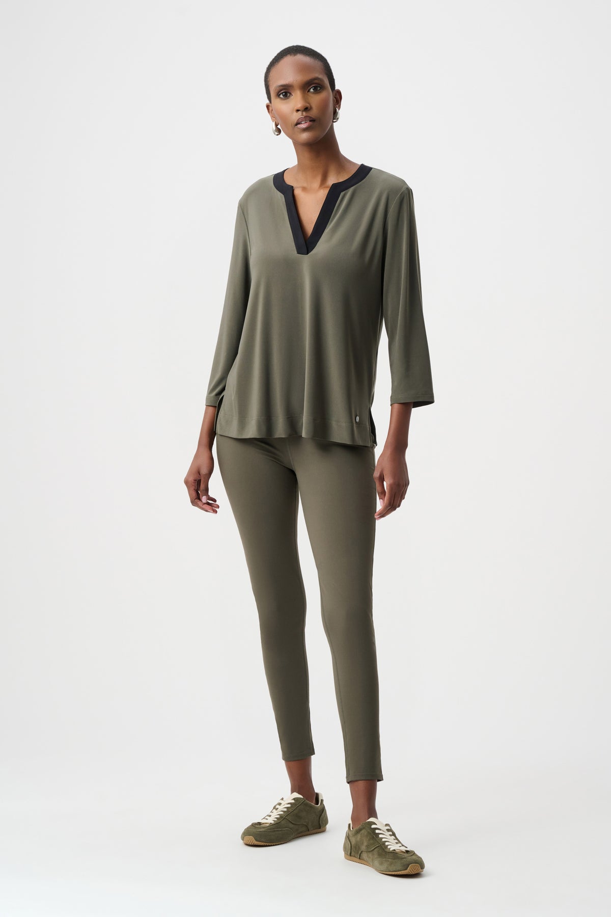 Joseph Ribkoff Avocado/Black Silky Knit Color Block Straight Top