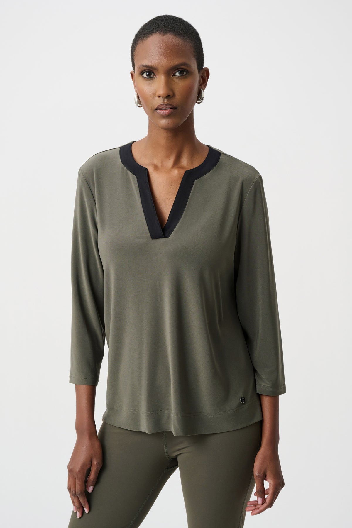 Joseph Ribkoff Avocado/Black Silky Knit Color Block Straight Top