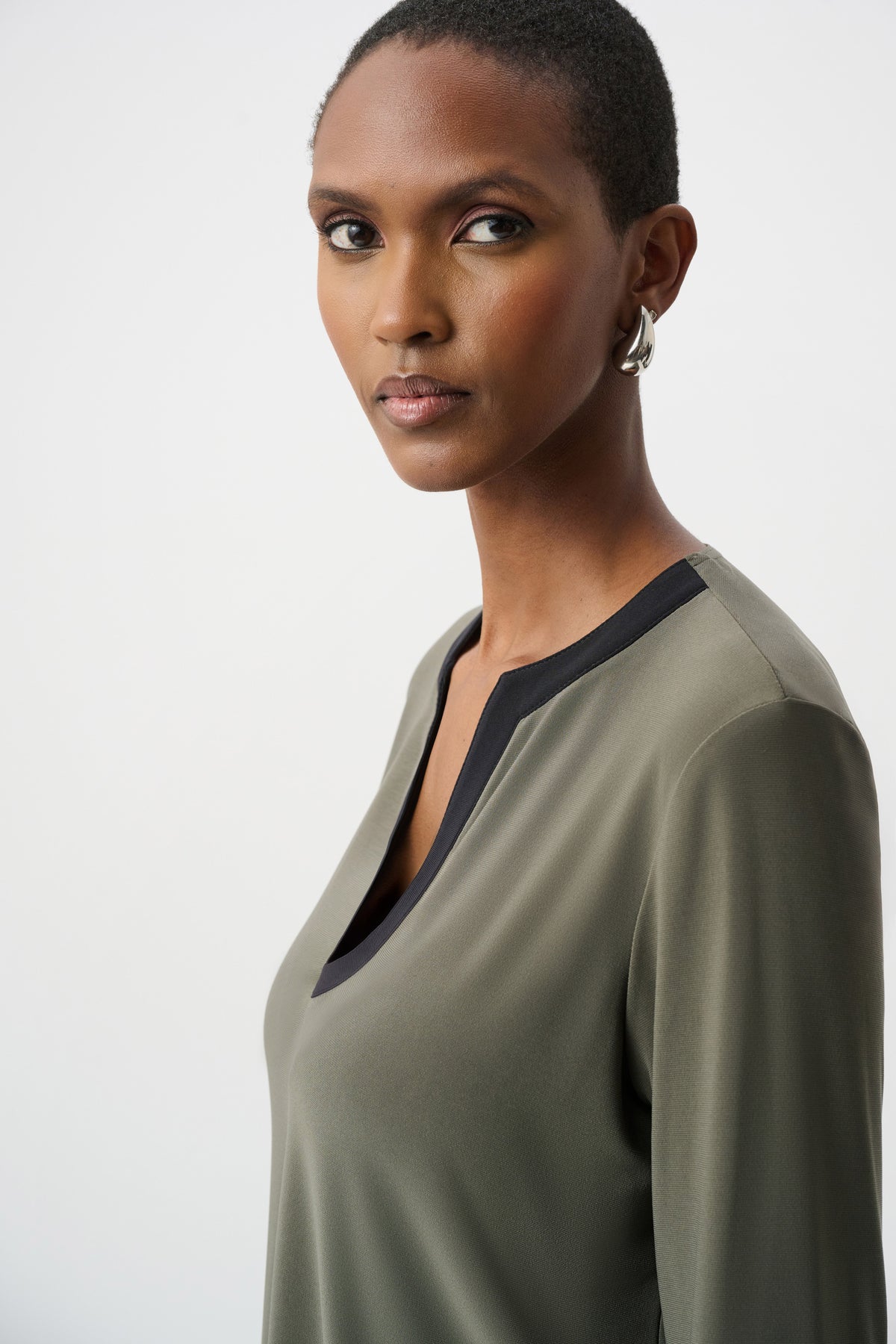 Joseph Ribkoff Avocado/Black Silky Knit Color Block Straight Top